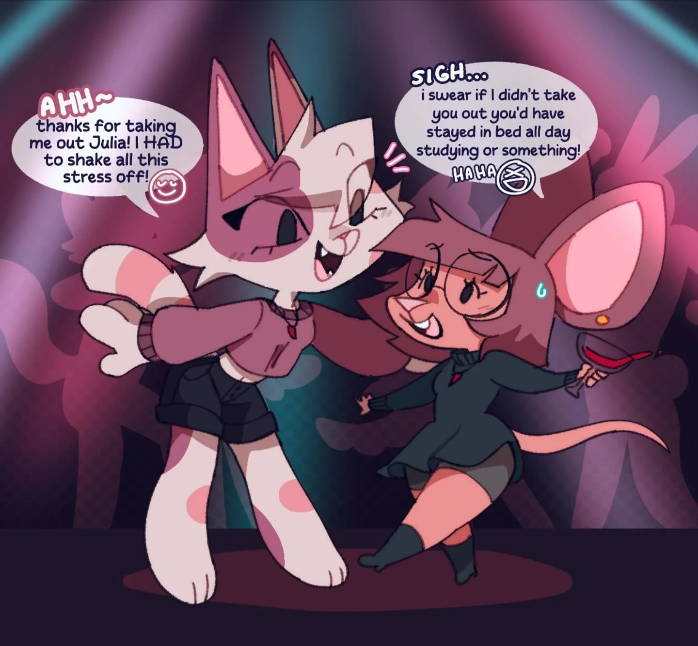 A cat and a mouse, friends?! And they&rsquo;re at the club?!? 
Caroline should be studying but&hellip;she&rsquo;s taking some time off to hang out with her bff Julia!
.
.
#art #illustration #furry #furryart
