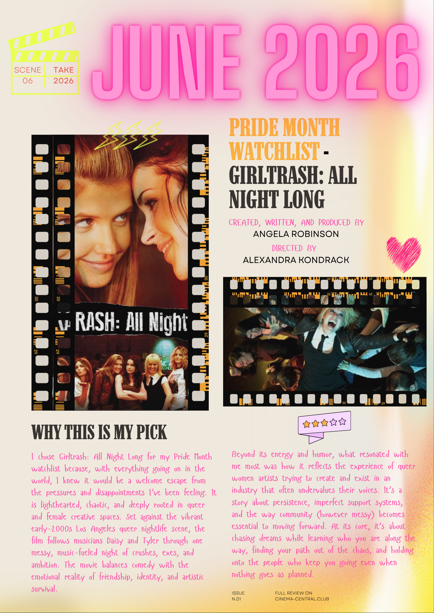 A promotional poster for June 2026, Pride Month, featuring a film festival with images of a young woman and a young man, film strips, a couple of photos of groups, and handwritten notes about the event and film choices.