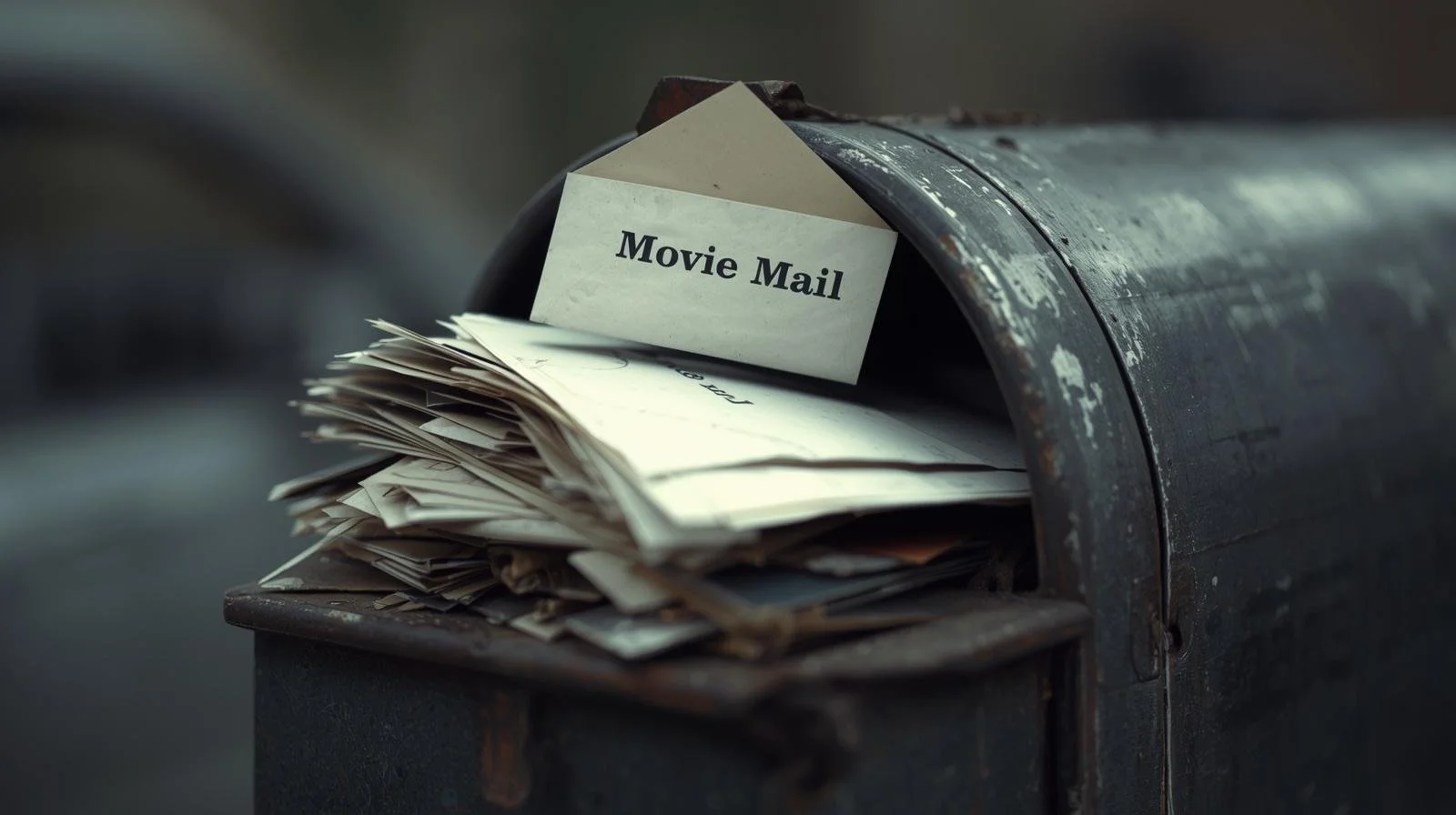 Old black mailbox filled with scattered mail and a label that reads "Movie Mail."