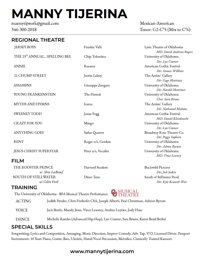 A resume for Manny Tijerina featuring contact info, stage name, and experience in regional theatre, film, training, and special skills.