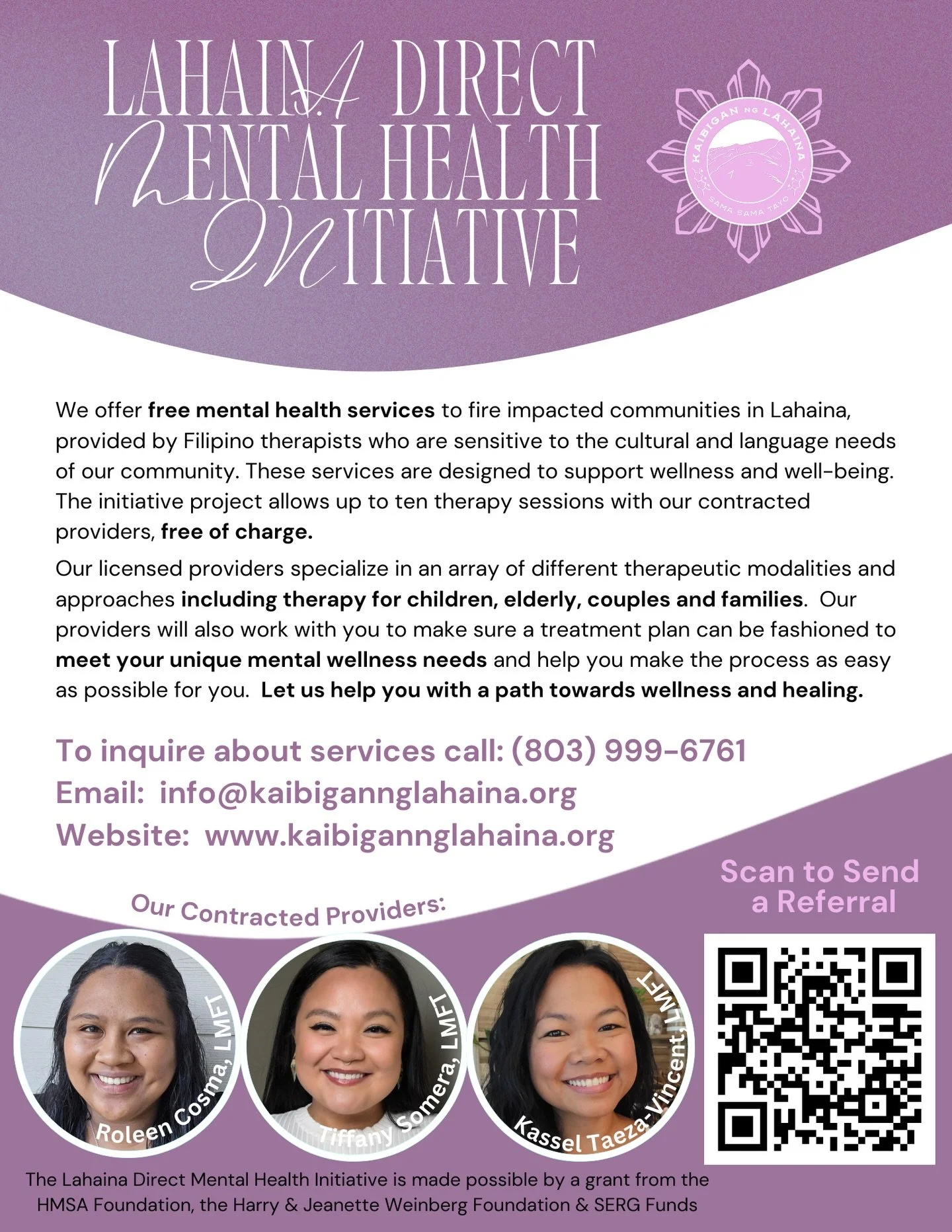 Through grant funds from @thehmsafoundation, the Harry and Jeanette Weinberg Foundation and in cooperation with @papaolalokahi - Kaibigan ng Lāhaina announces the continuation of our Direct Mental Health services. Community members needing access to 