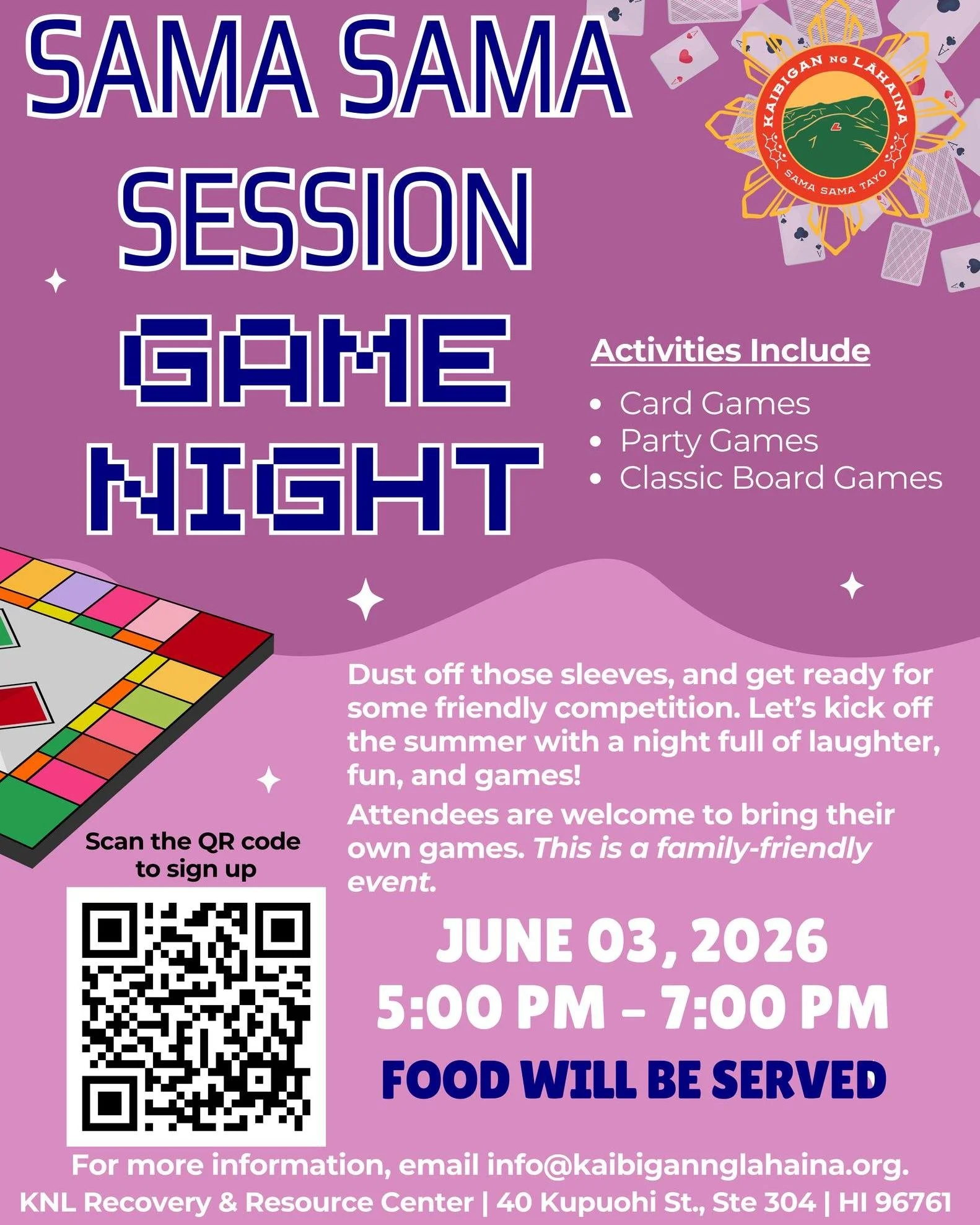 Get ready to get your game on and kick off the summer with our Sama Sama Session: Game Night! 🎉

Bring your family and friends or come solo for a night full of fun, laughter, and friendly competition. Feel free to bring your favorite games to share.
