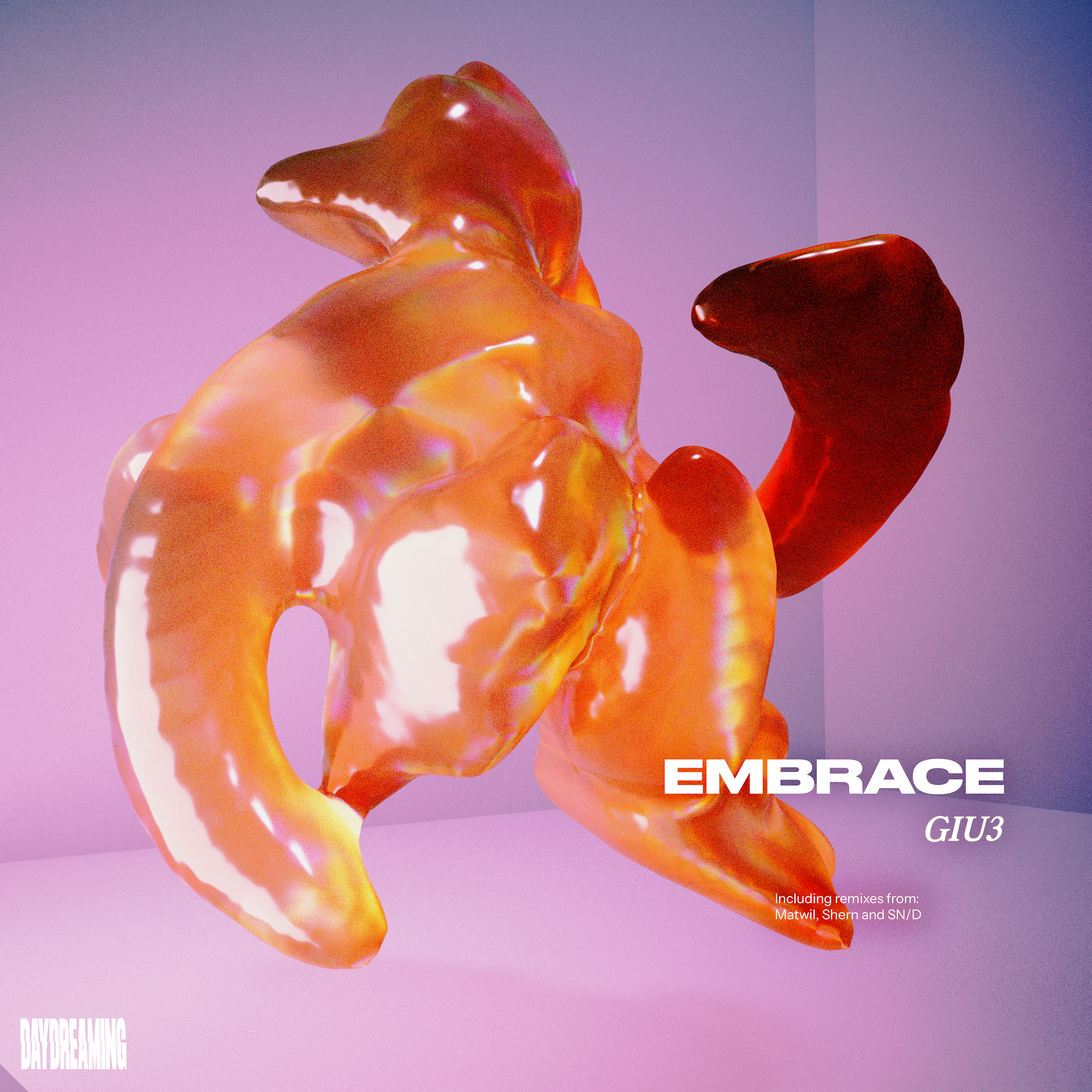 A digital artwork featuring abstract, glossy, orange, and red shapes on a pink and purple gradient background with the text 'EMBRACE' and additional smaller text.