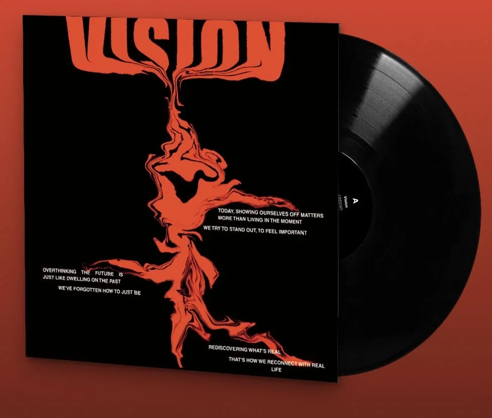 Black vinyl record and its cover with an abstract illustration of two faces in profile, one black and one red, facing each other with flowing lines connecting them. The cover features lyrics in white text and a red word "WON" at the top.