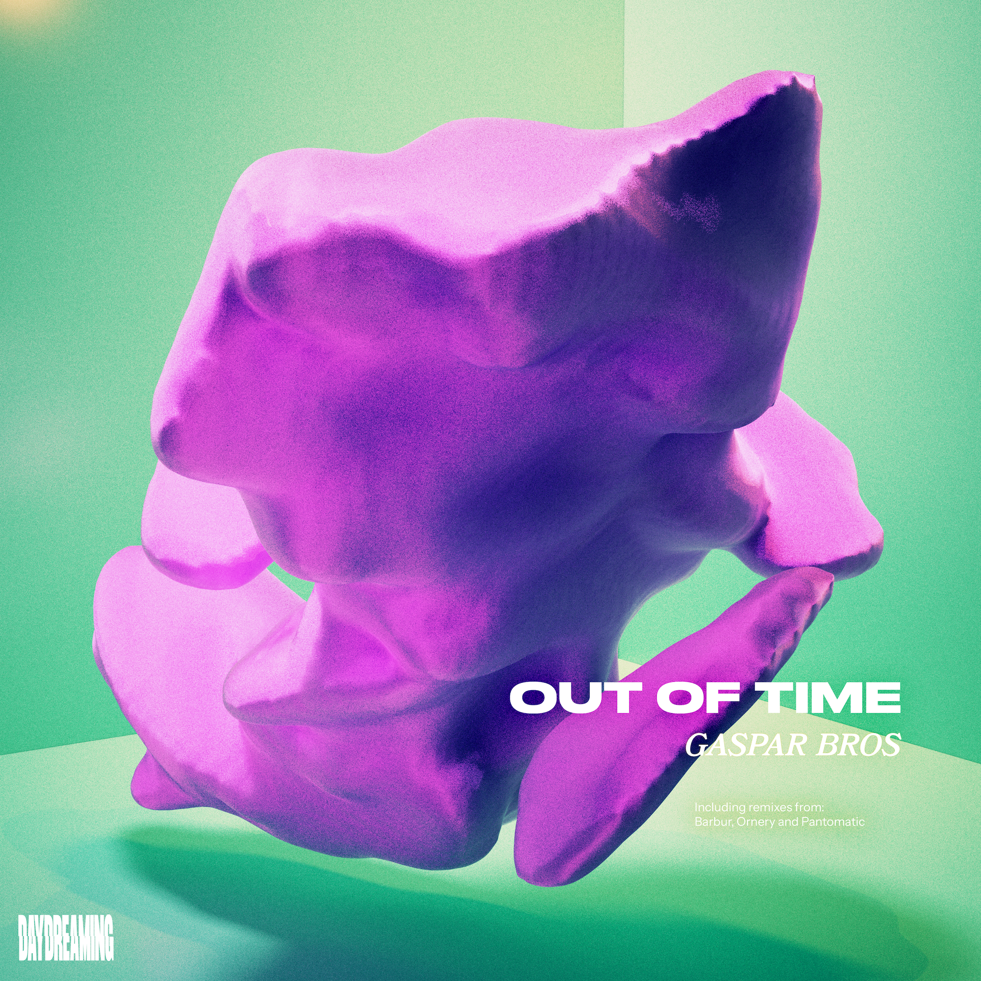 A digitally manipulated image of a hand holding a purple and pink abstract object against a green background, with text overlay about an album titled 'Out of Time' by Gaspar Bros and remixes from Barbur, Ornery, and Pantomatic.