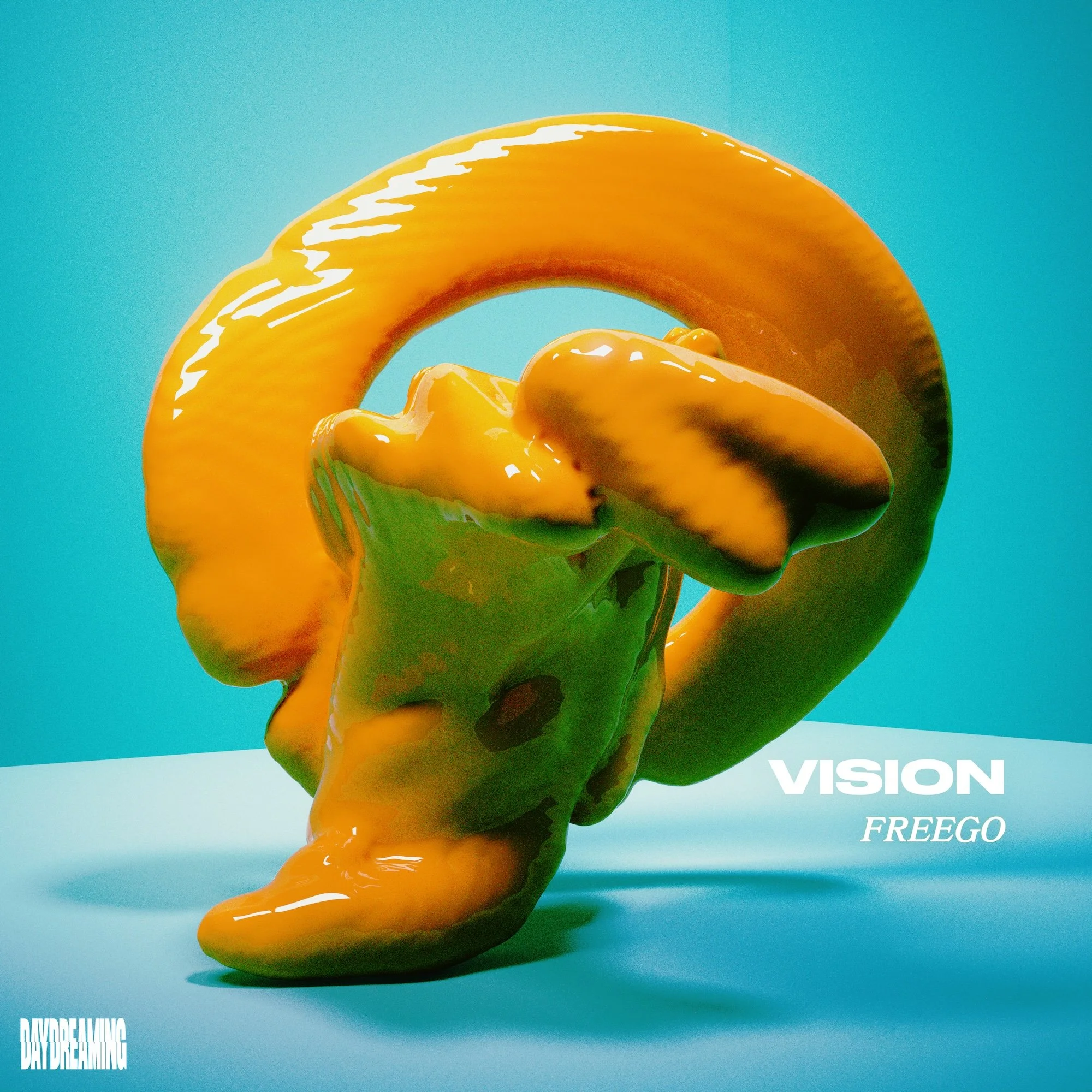 Close-up of an orange bell pepper cut in half, with its interior and seeds visible, against a blue background with the words "VISION FREEGO" and "DAYDREAMING" in white text.