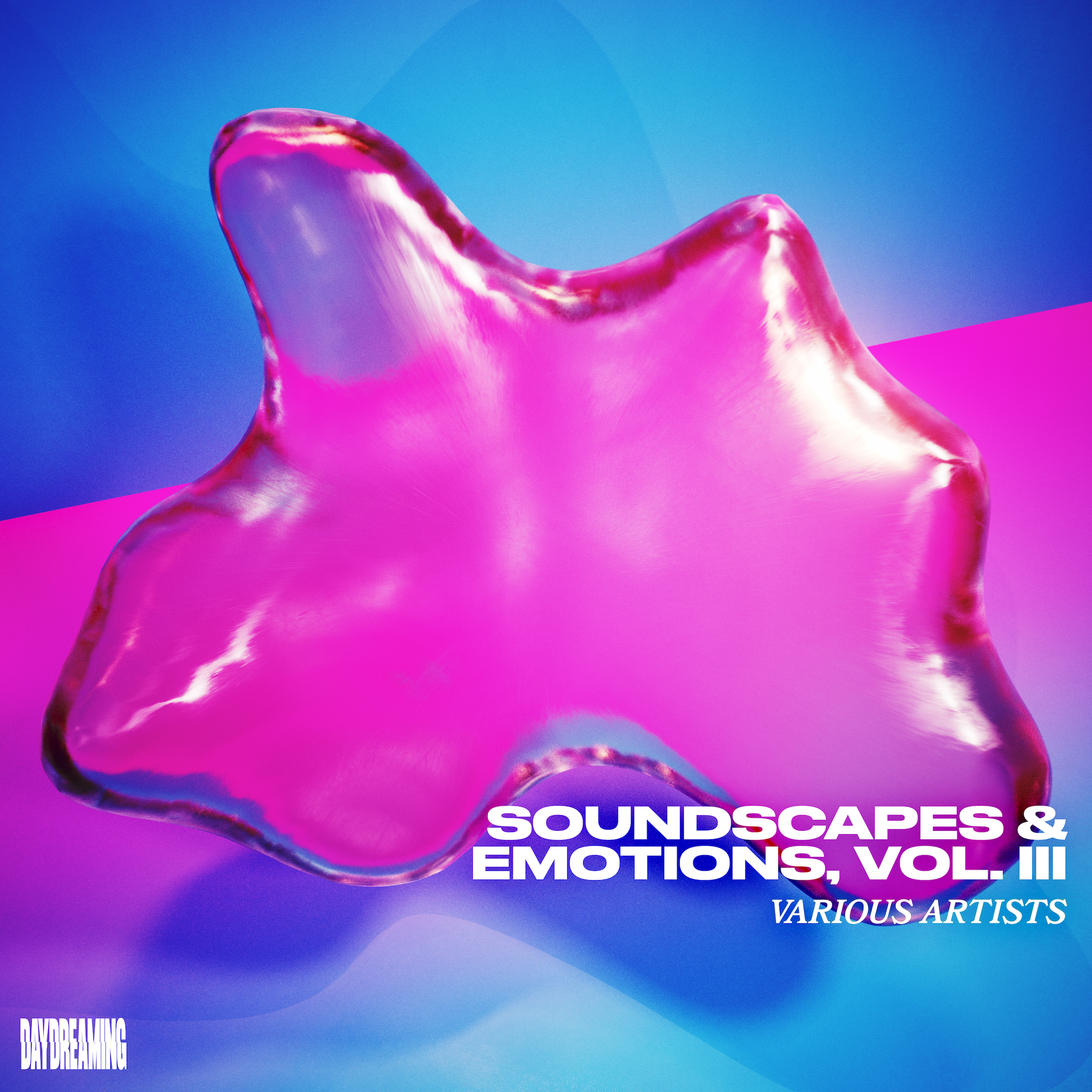 Close-up of a shiny, translucent pink love heart-shaped object with a smooth, reflective surface against a gradient blue and purple background. Text on the image reads: "SOUNDSSCAPES & EMOTIONS, VOL. II" and "VARIOUS ARTISTS."