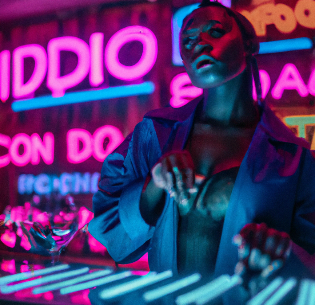 DALL·E 2023-07-23 10.28.01 - a woman auditing in a futuristic dive bar with neon lights.png
