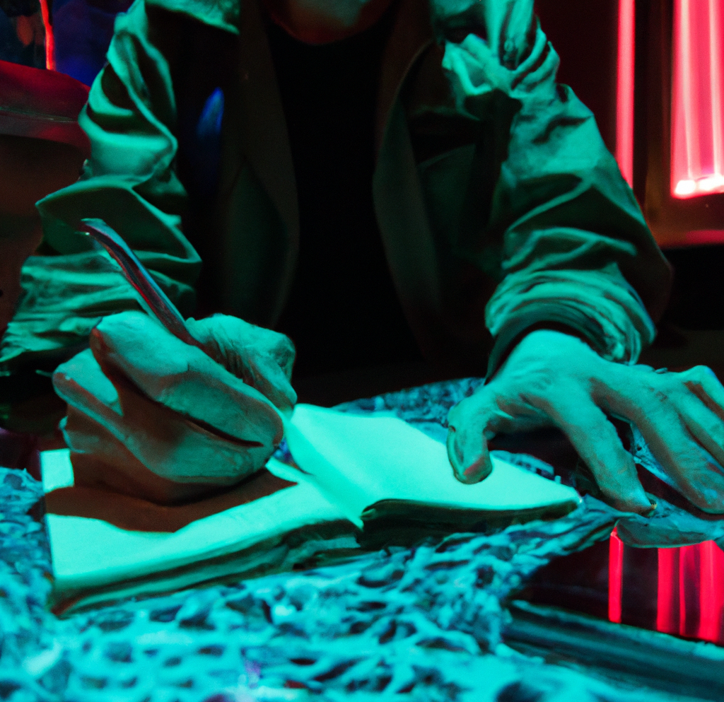 DALL·E 2023-07-23 11.25.56 - a writer writing in a notepad in a futuristic dive bar with lots of neon. No faces.png