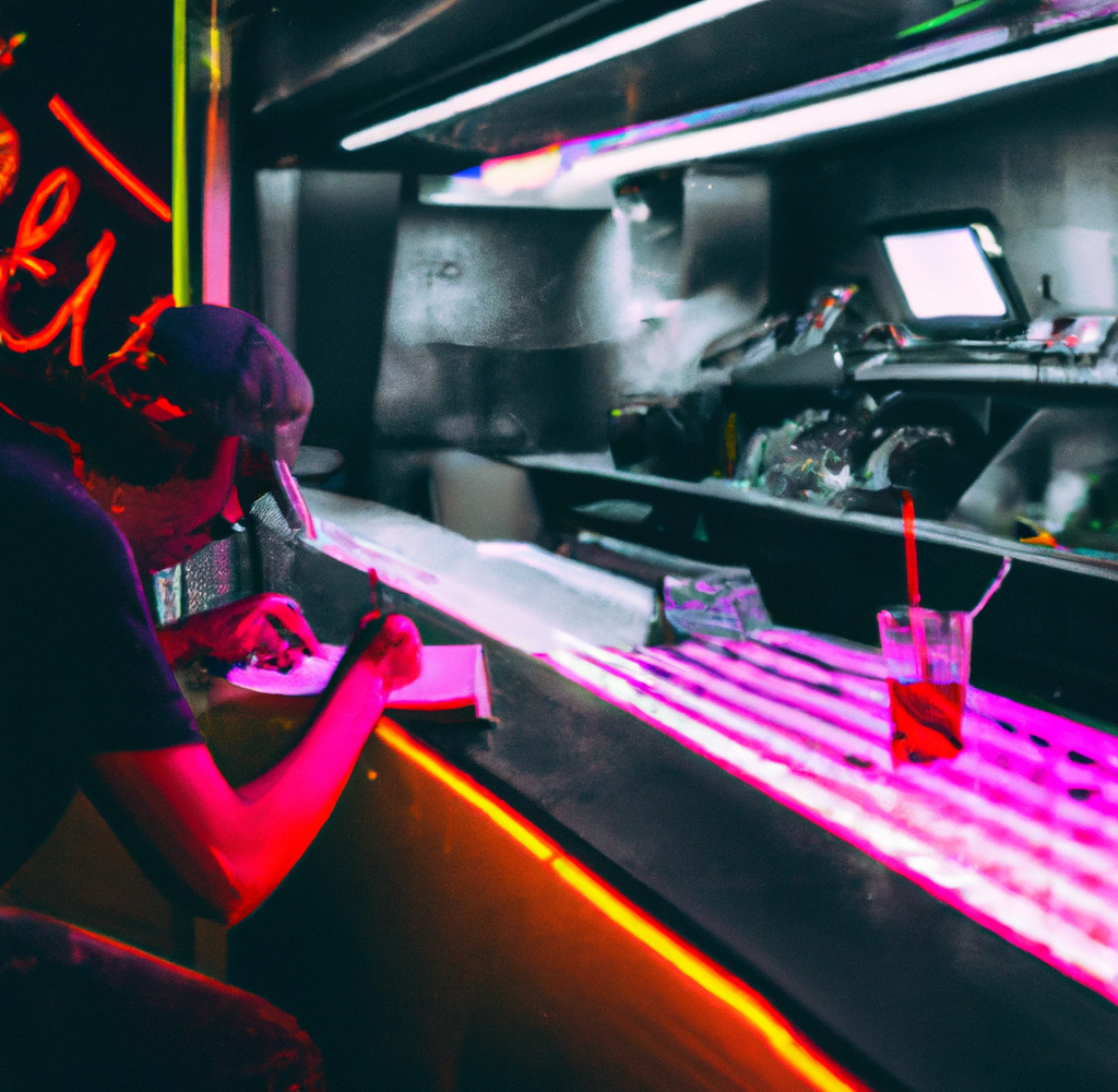 DALL·E 2023-07-23 10.24.09 - a customer writing in a notepad in a futuristic dive bar with lots of neon .png