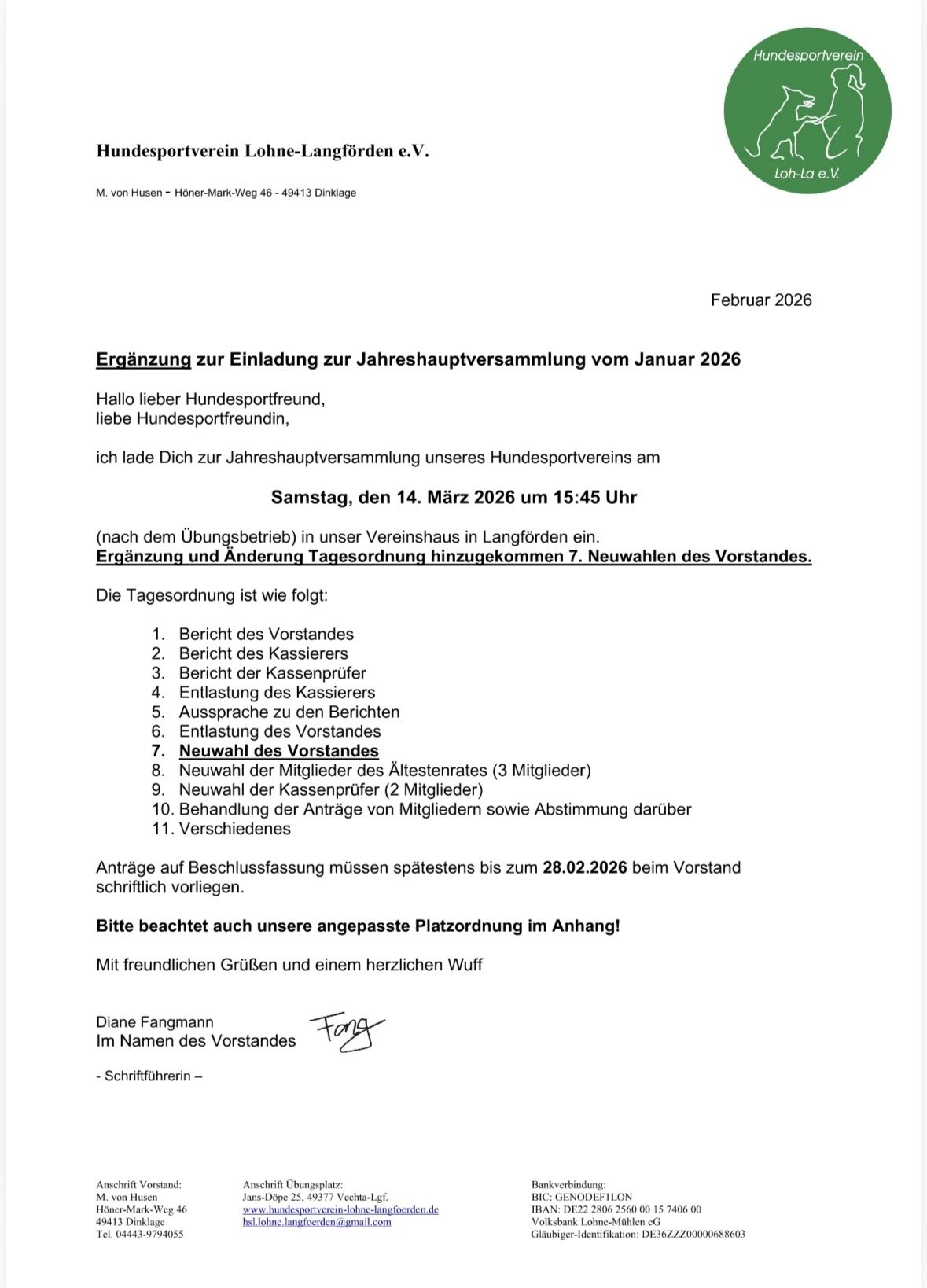 Einladung zur Jahreshauptversammlung am 14.03.2026