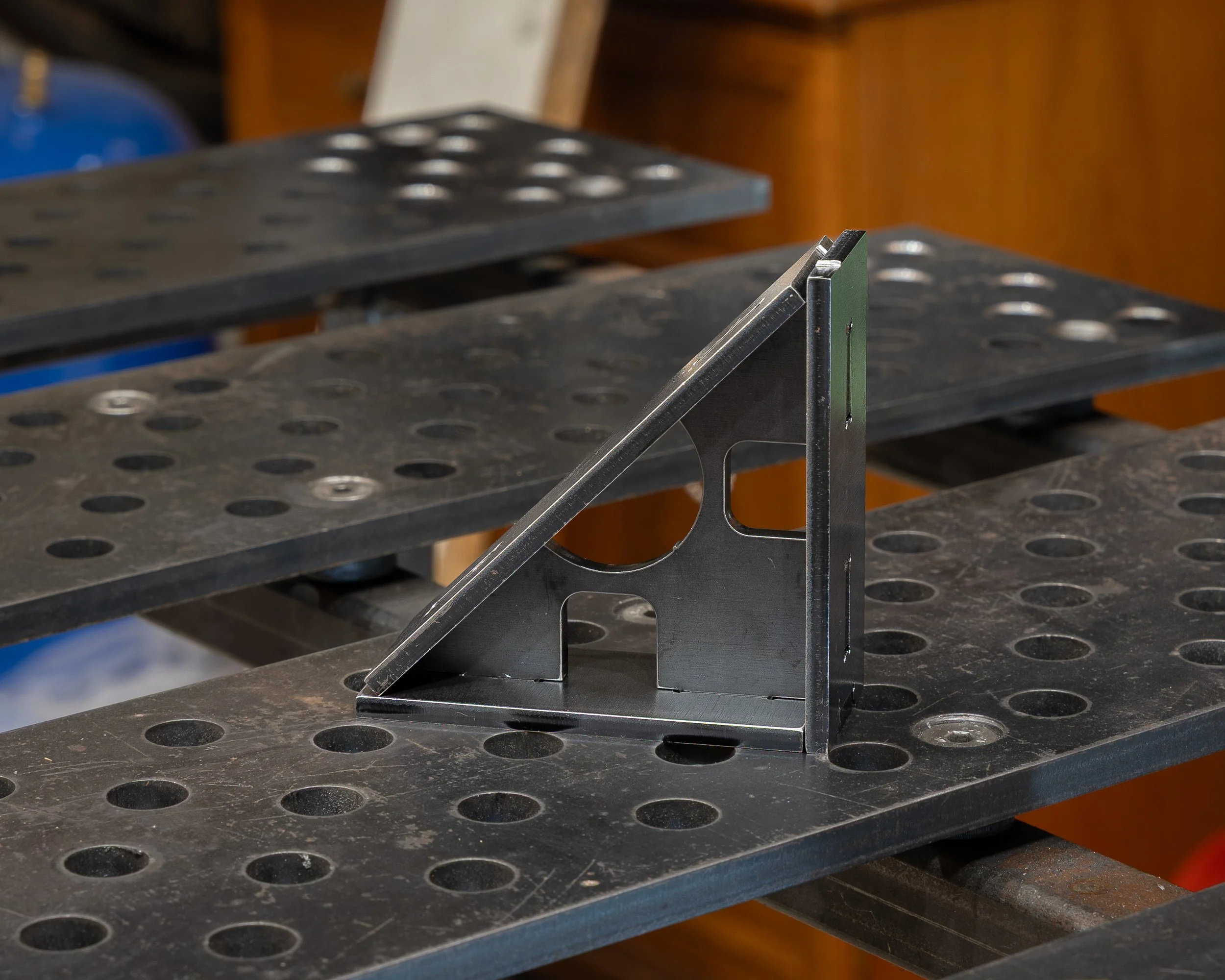 TDB Fab welding square set up on a 16 mm welding table in the workshop