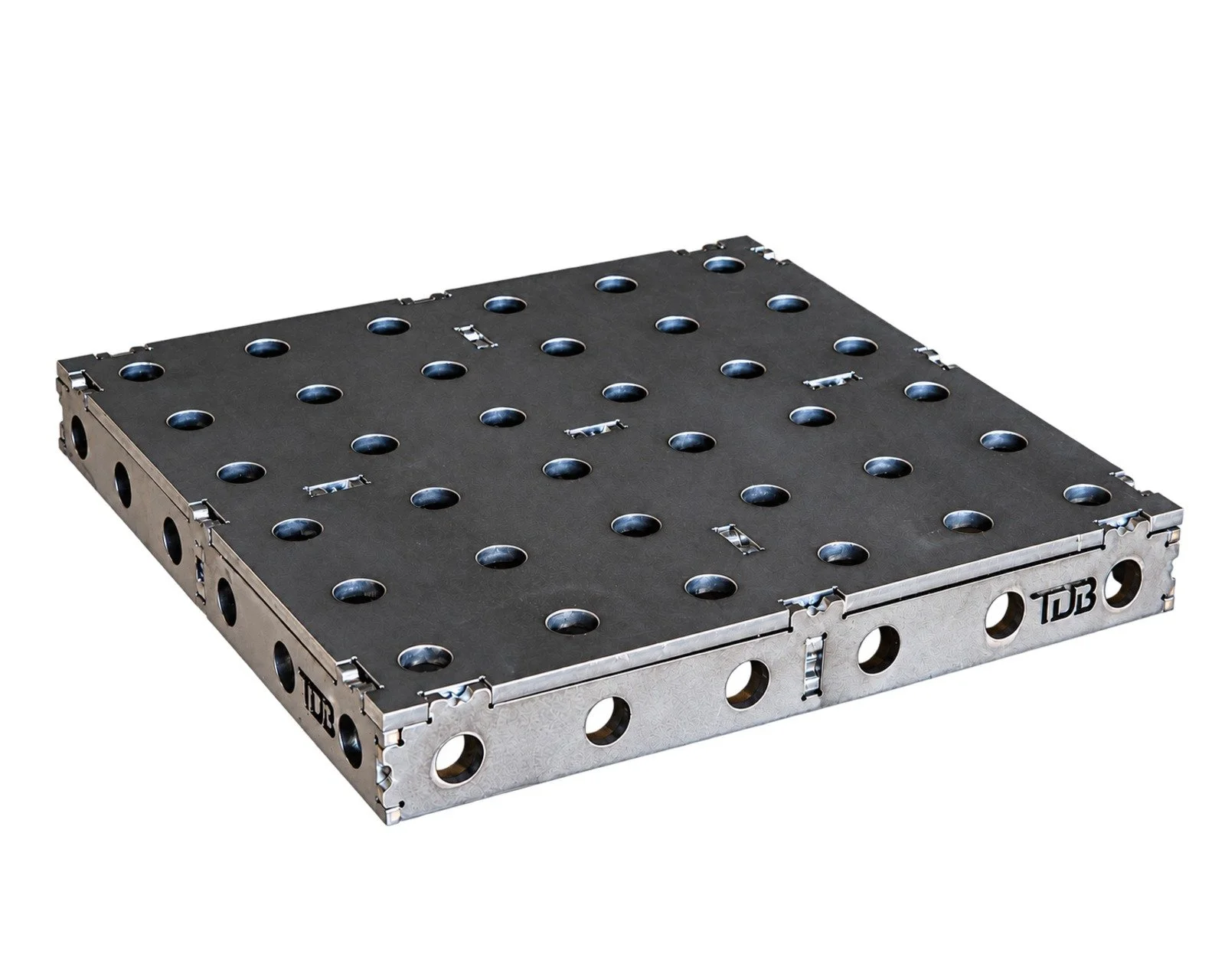 TDB Fab 300 × 300 mm steel welding table top with 16 mm tooling holes, welded up