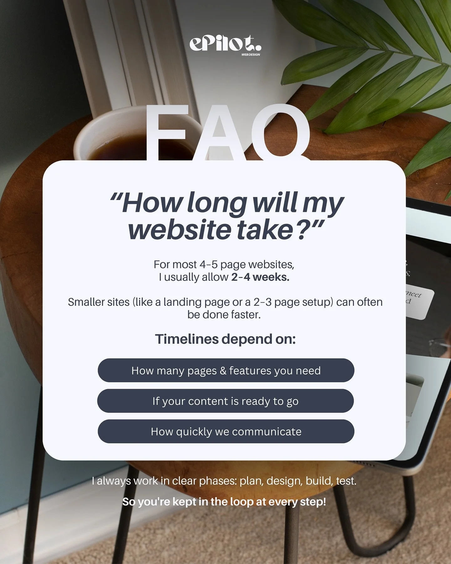 “How long does it take to build a website?” 👀
If you’re planning a site for your business, this is probably one of the first things on your mind!
For most projects, I allow 2–4 weeks, sometimes quicker for smaller builds. Th