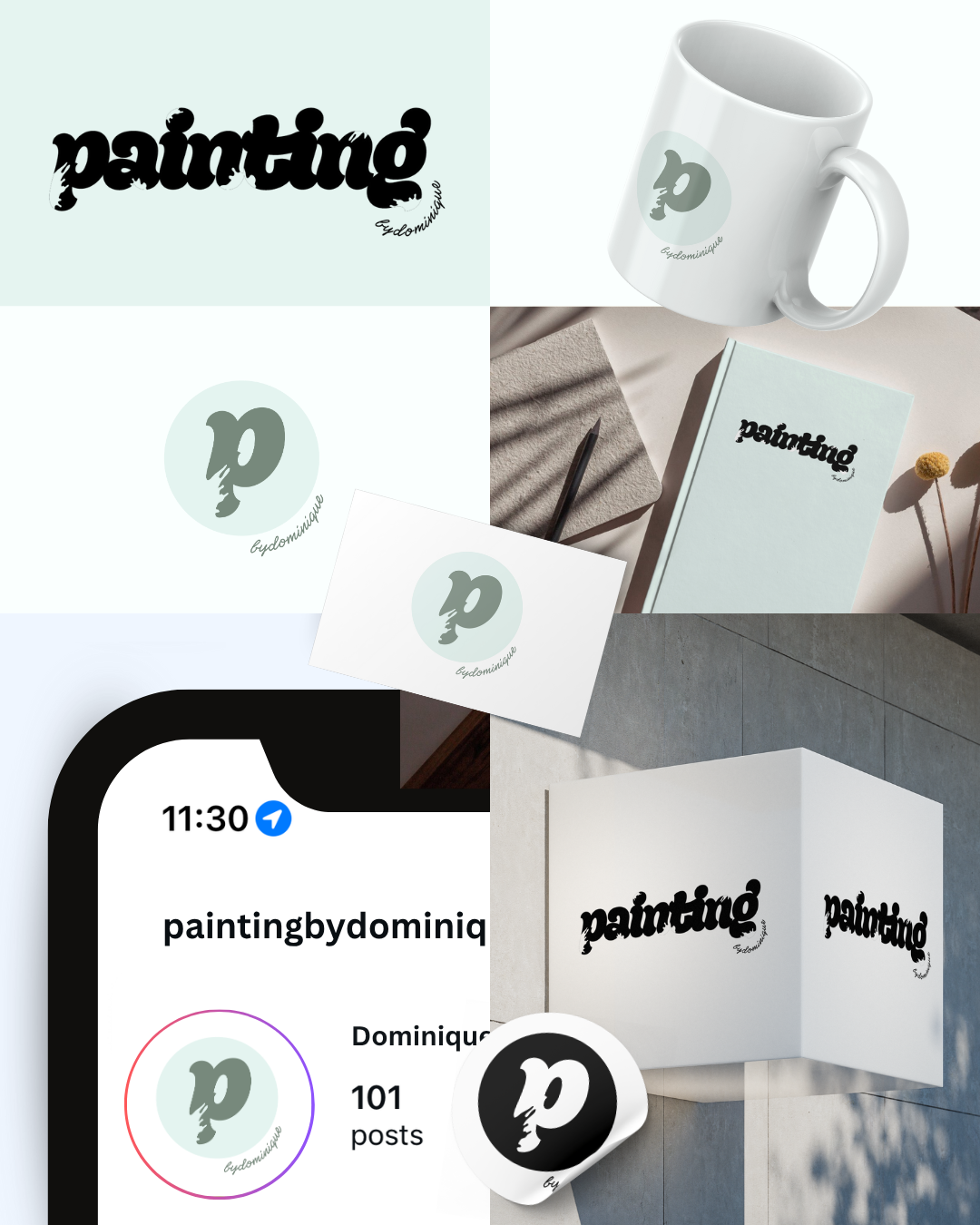 Collection of branding materials including logo design, branded mug, business cards, notebooks, and display setup with a logo featuring a stylized lowercase 'p' and the text 'pydomique'.