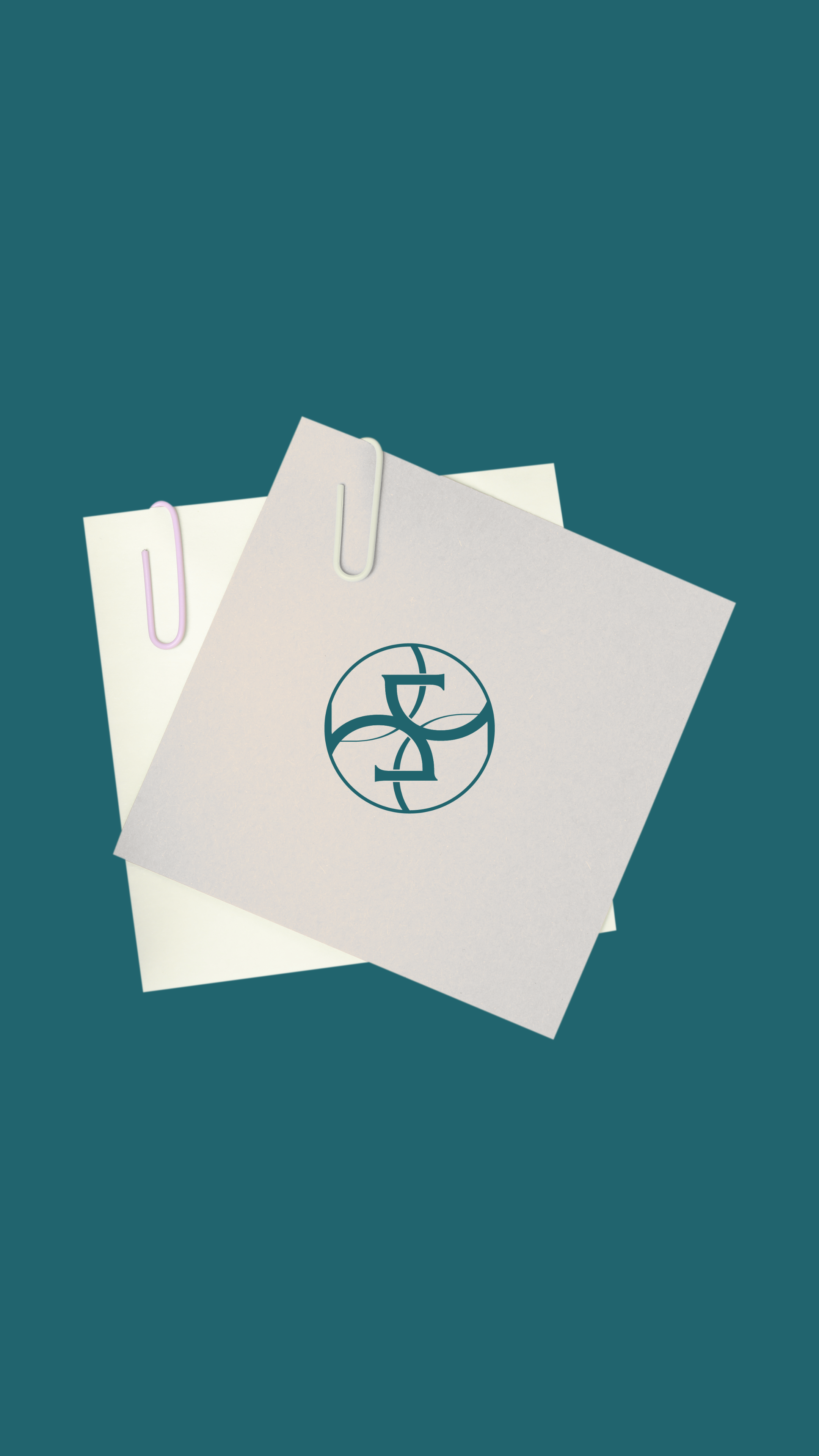 Two paper sheets clipped together with a logo featuring interconnected symbols enclosed in a circle.