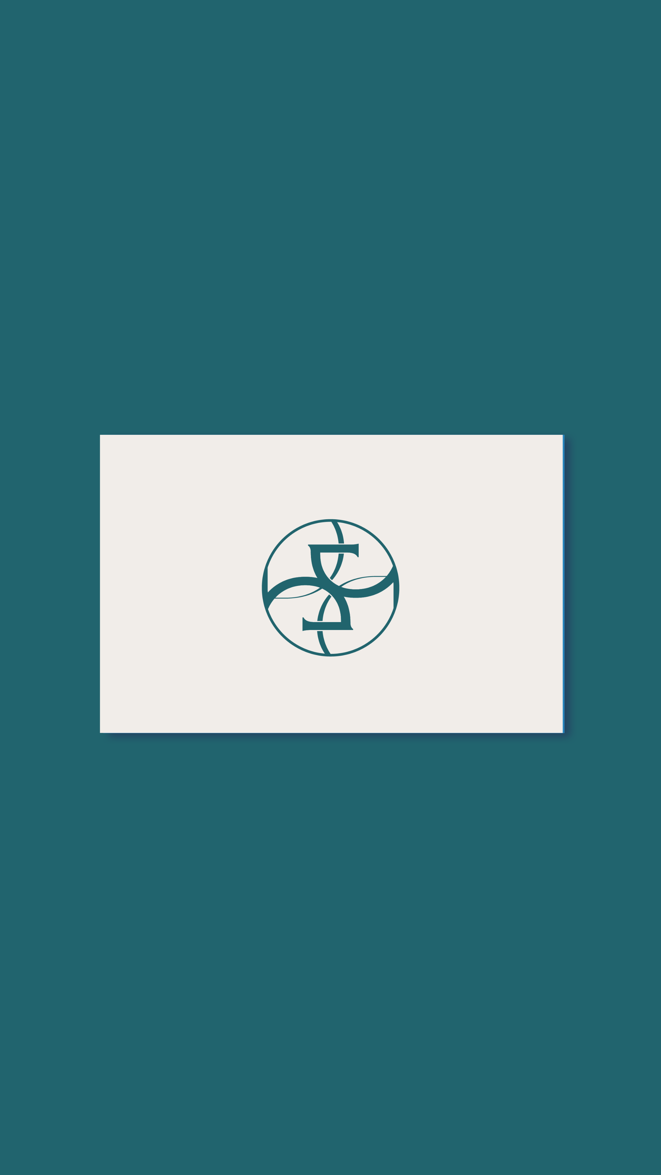 A white card with a black circular emblem and an abstract design, placed on a teal background.