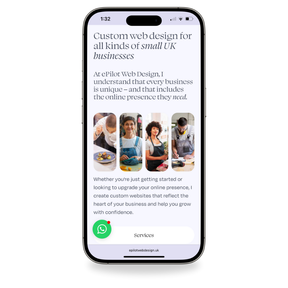 Mobile phone screen displaying a website about custom web design for small UK businesses, with images of diverse small business owners and a WhatsApp icon.