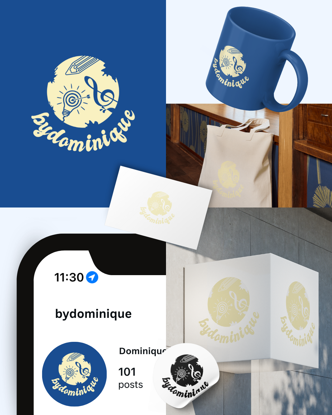 A collection of branded merchandise displaying the 'bydaminique' logo, including a blue mug, a canvas tote bag, printed paper, and social media profile images with the logo on various backgrounds.