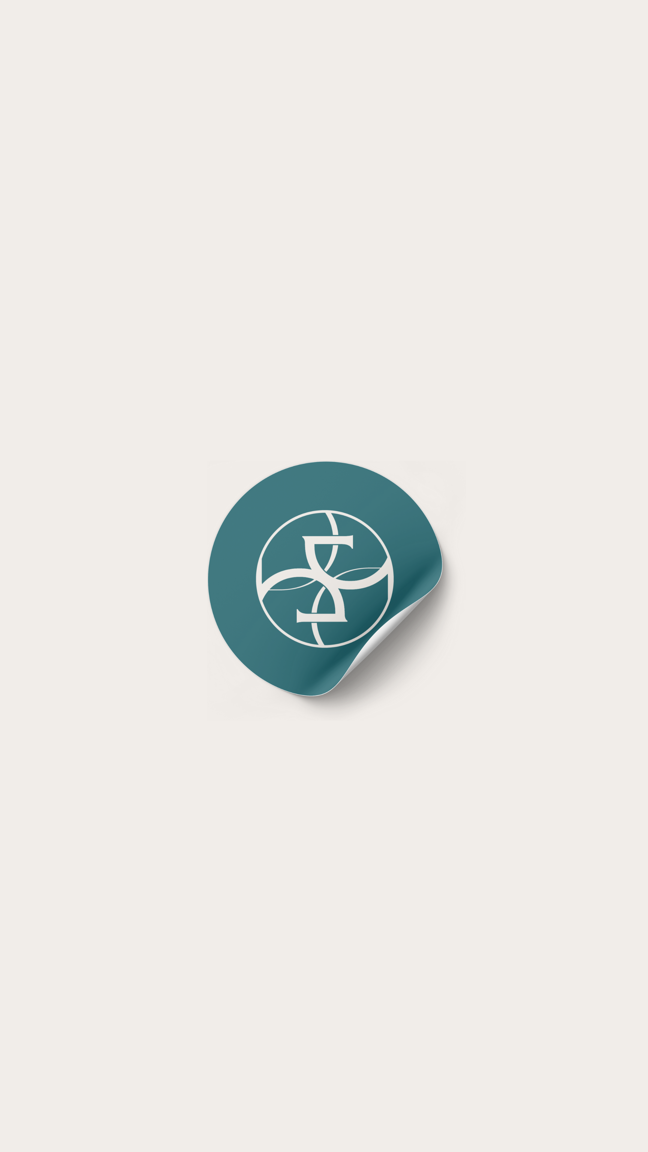 A teal circle sticker with a white abstract logo on a white background, partially peeled at the bottom right corner.