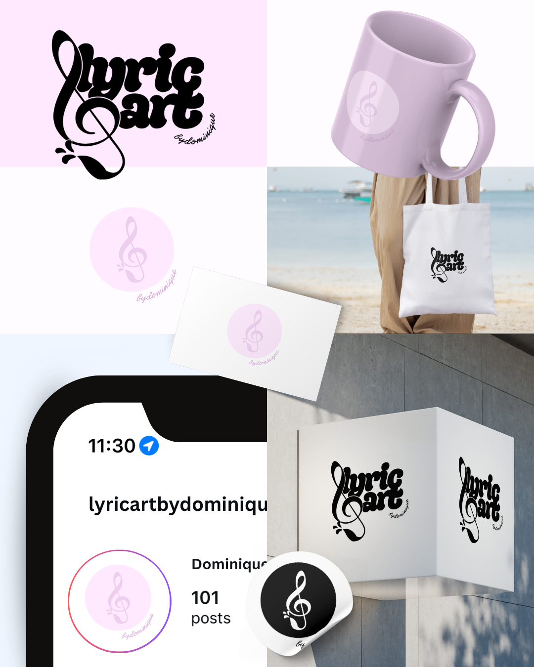 Collection of branding images for Lyricart by Dominique, including logo designs, a lavender mug with logo, a tote bag, a white card, and a digital social media profile with logo and text.
