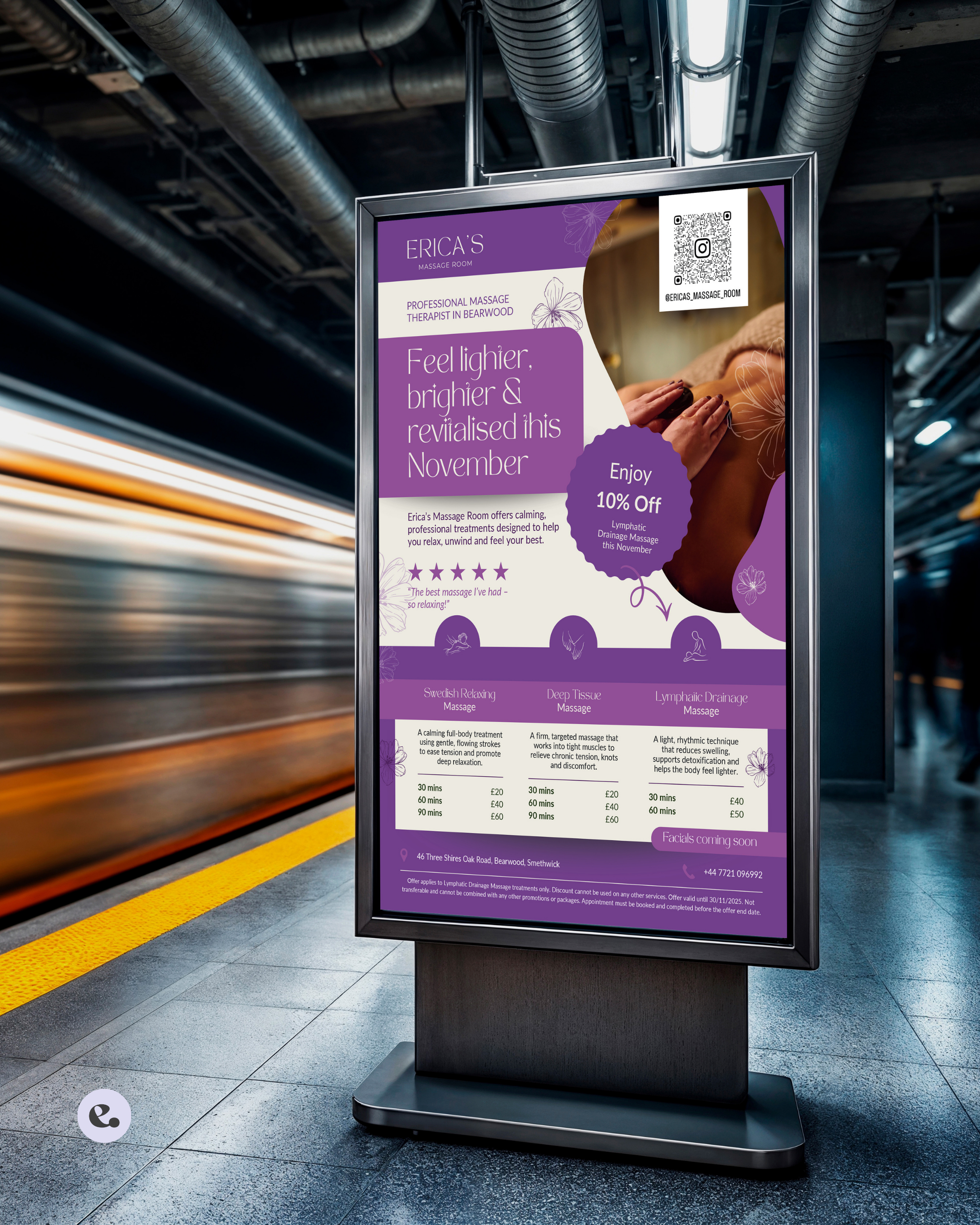 An illuminated digital advertisement display board in a subway station promoting massage treatments in Bearwood. The ad features purple and white colors, a photo of a person receiving a massage, the business name Erica's Massage Room, and details about services, discounts, and contact information.