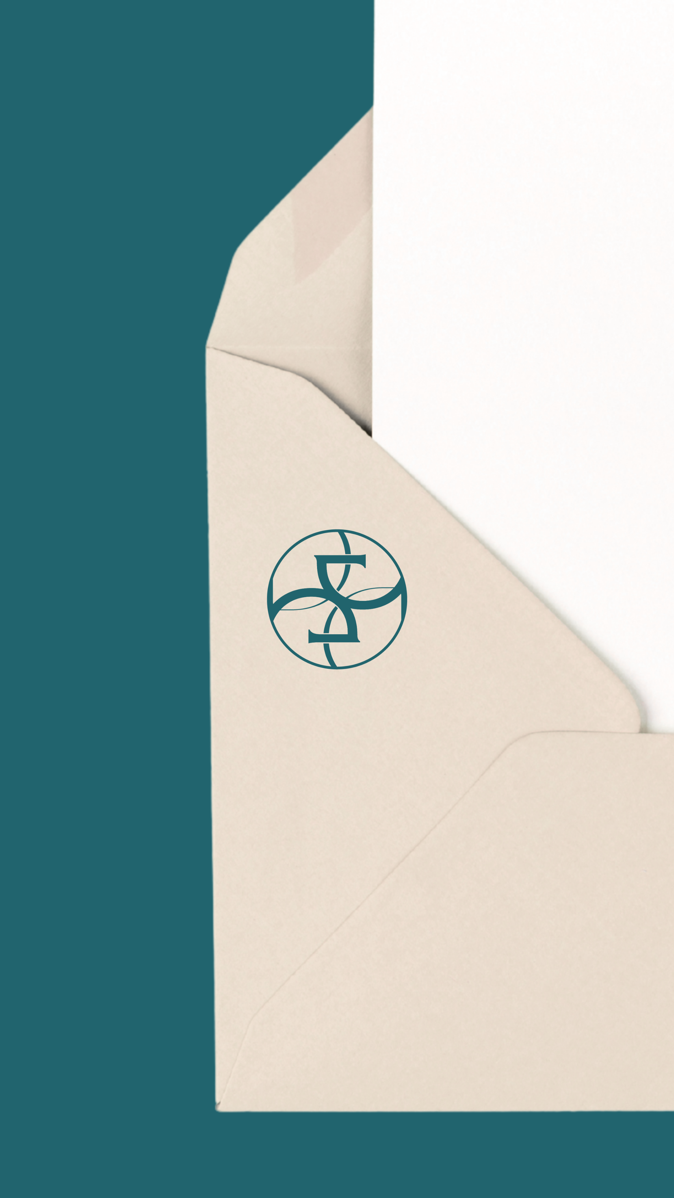 Close-up of an off-white envelope with a teal logo featuring an intertwined design, partially opened, on a teal background.