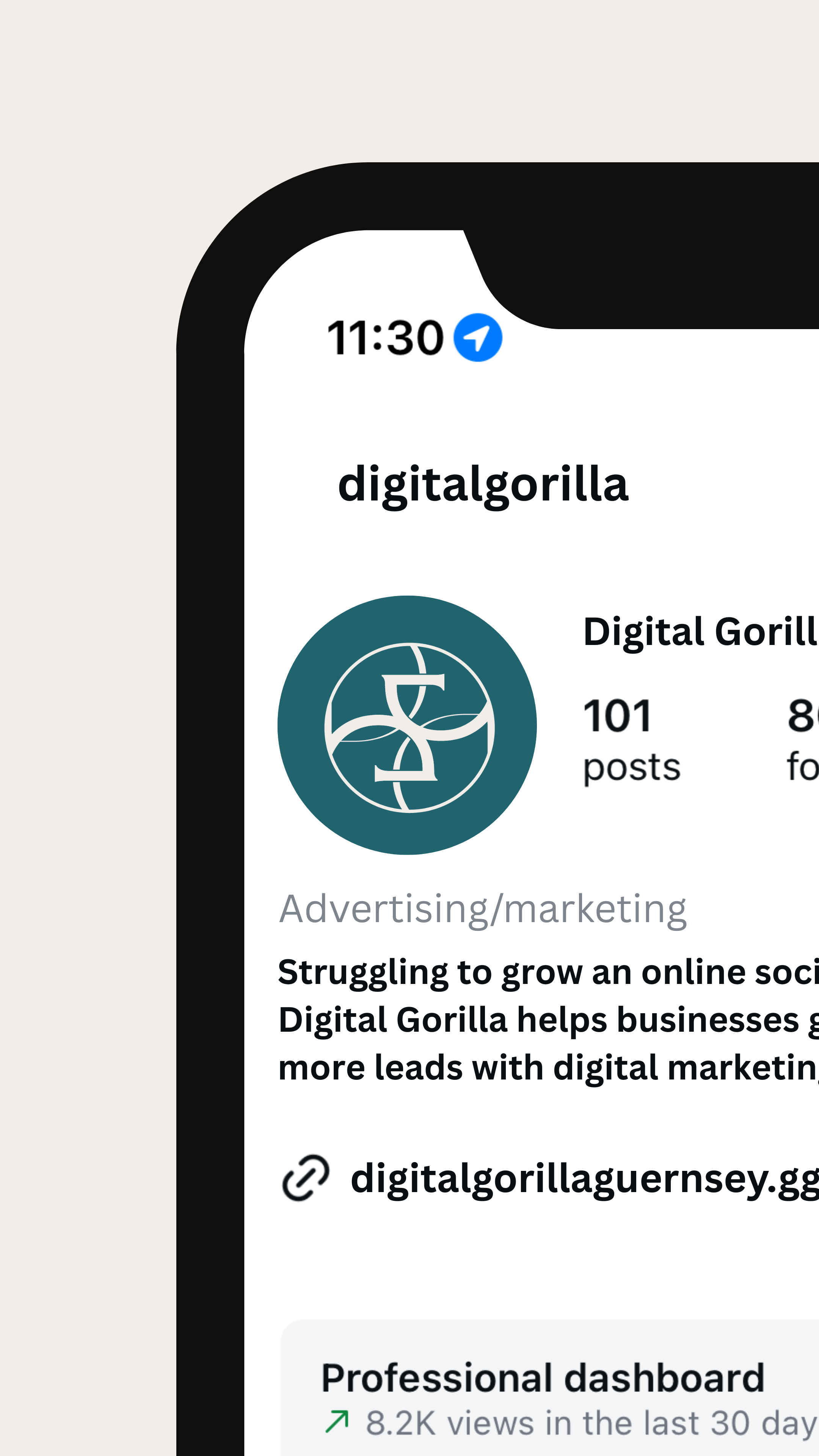 Smartphone screen displaying a digital marketing profile for Digitalgorilla with logo, posts, followers, website link, and a professional dashboard.