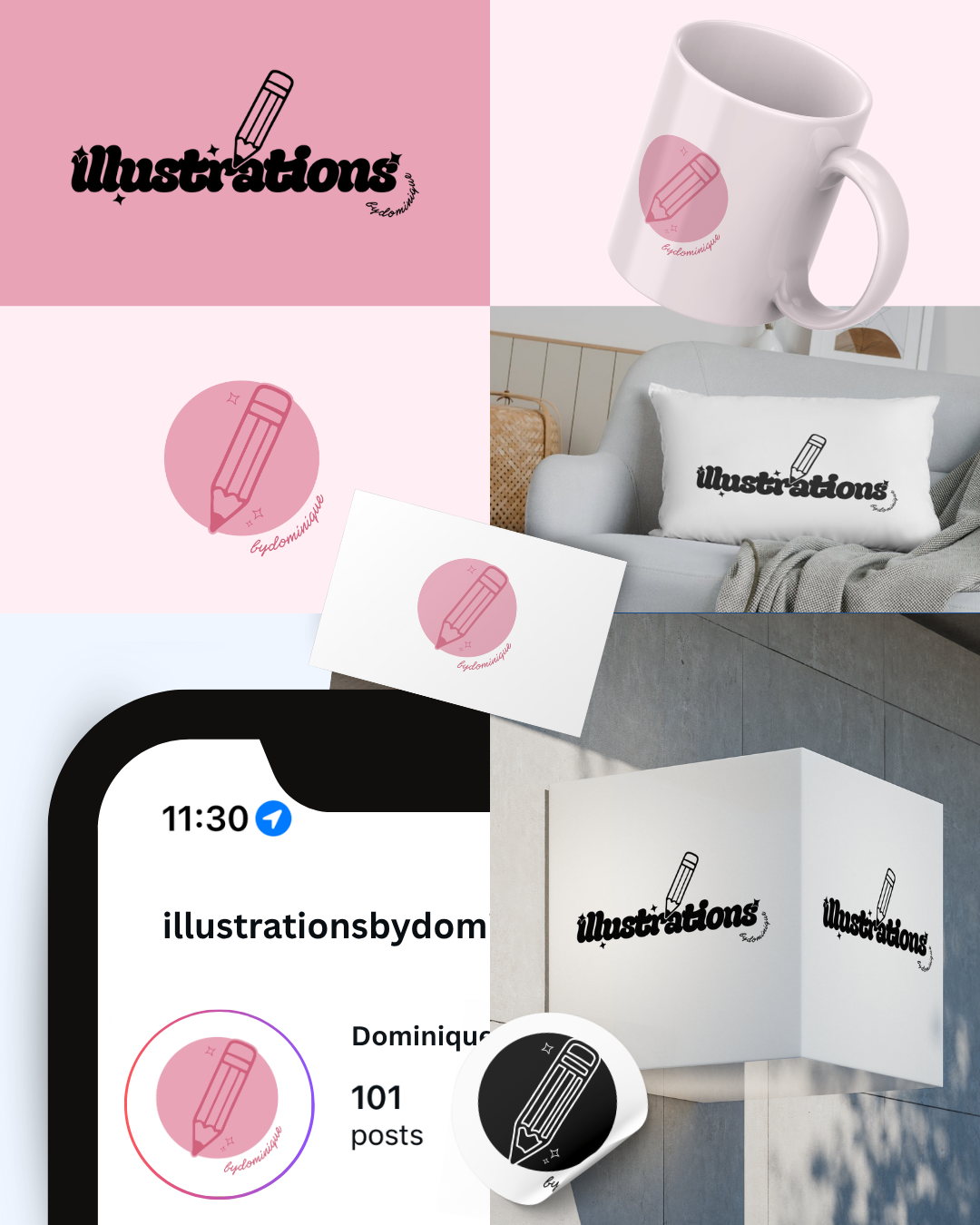 A collection of branding materials displaying a logo with a pencil icon and the word 'Illustrations', in pink, black, and white designs, on a mug, pillow, business card, and a wall display.