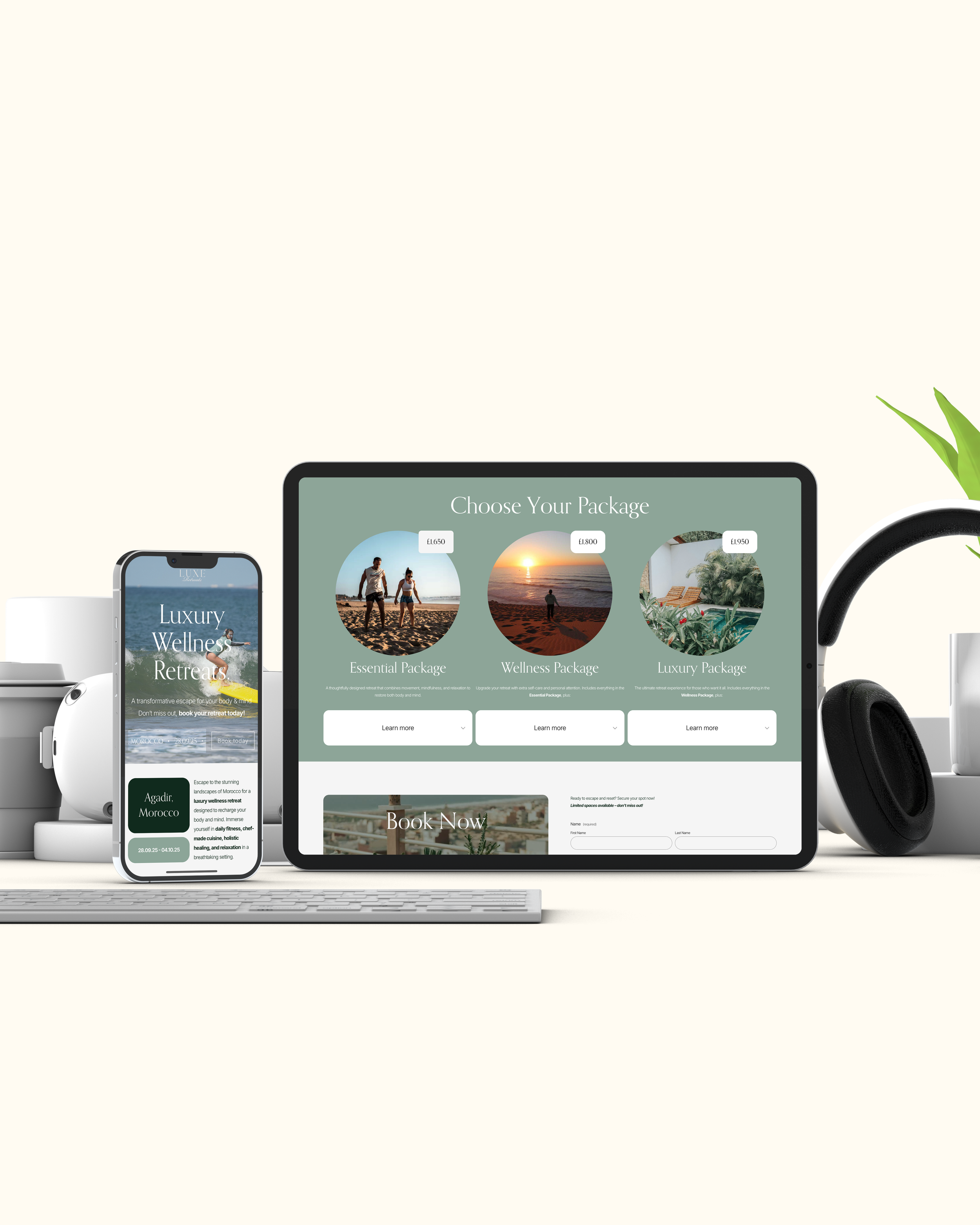 A computer and smartphone displaying a luxury wellness retreat booking website with package options, a tablet showing a travel package selection screen, and headphones on a desk against a plain background.