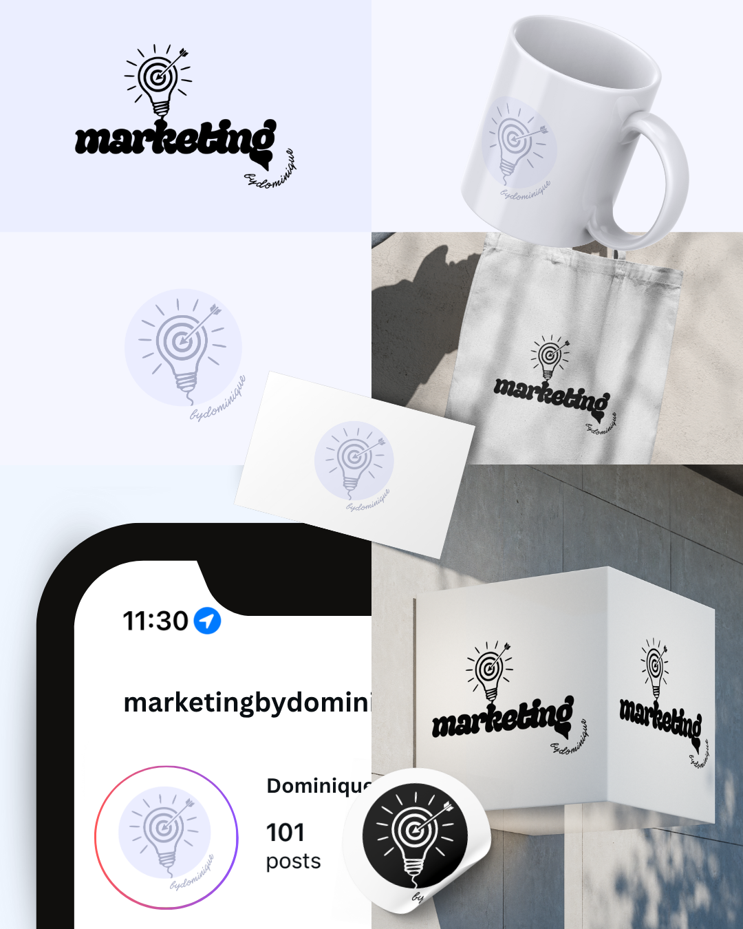 Collection of branding items for 'marketing by dominique' including logo design, a mug, stickers, a tote bag, and a social media profile display, all featuring a light bulb with a target and arrow graphic.
