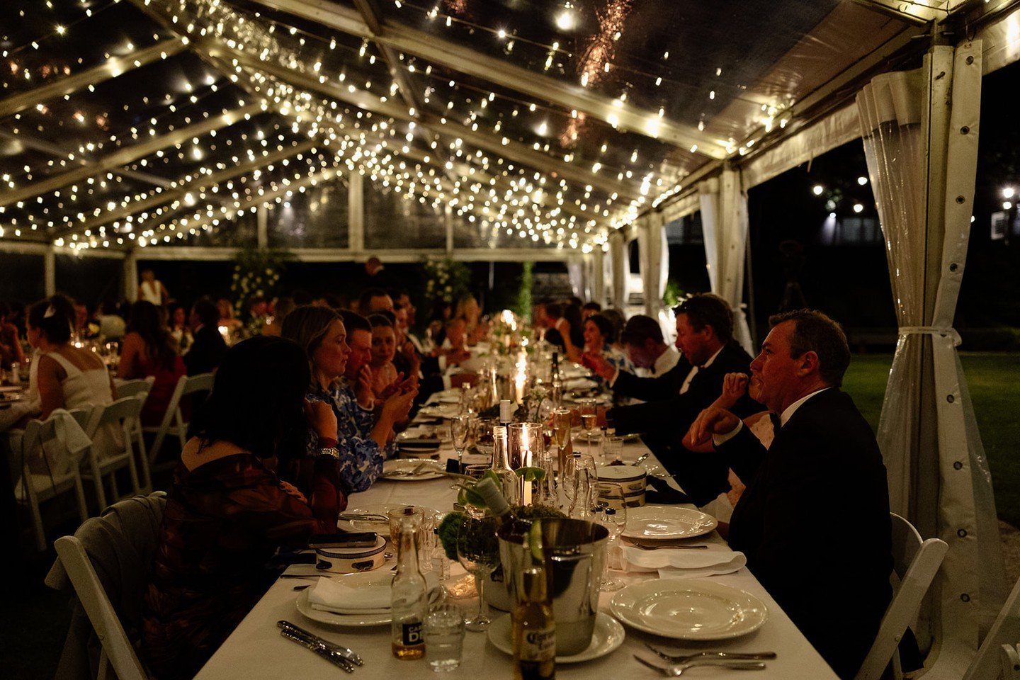 Celebrations beneath twinkling fairy lights on the marquee lawn.⁠
⁠
⁠
⁠
⁠
#WeddingsAtTheSirGeorge #JugiongWeddings ⁠
#JackandEliza⁠#TheSirGeorgeWeddings⁠
⁠
Photographer: @piptakesapicture⁠