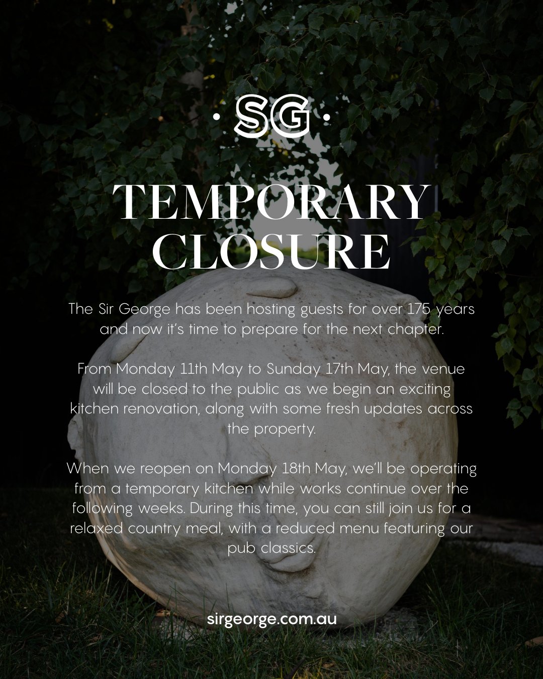 From Monday 11th May to Sunday 17th May, the venue will be closed to the public as we begin an exciting kitchen renovation, along with some fresh updates across the property.⁠
⁠
When we reopen on Monday 18th May, we&rsquo;ll be operating from a tempo