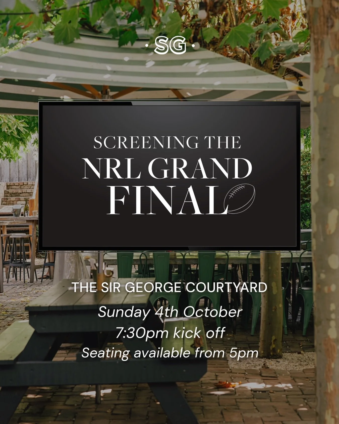 Knights ⚔️ vs Roosters 🐓 Who are you backing?

Tomorrow we&rsquo;re bringing in the big screen! (3.5m x 2m to be exact). Get amongst the action and watch the NRL Grand Final in the Sir George courtyard. Big screen, big game and plenty of atmosphere.