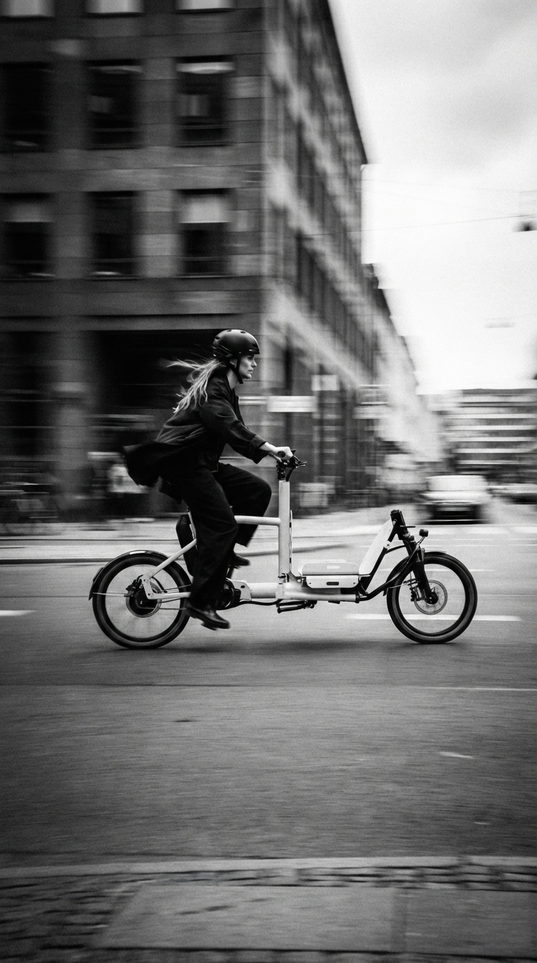 Eine Frau mit Helm fährt auf einem Qemeo E-Lastenrad durch eine Stadt, im Hintergrund sind verschwommene Gebäude.