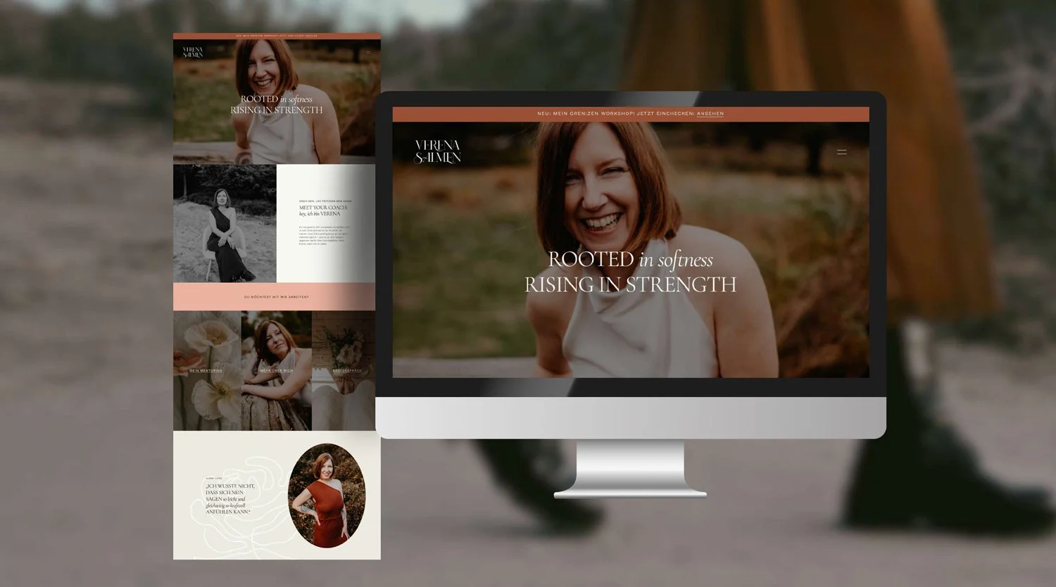 Website und Branding von Verena Salmen auf Desktop und Smartphone, mit dem Claim „Rooted in softness, rising in strength“ über einem lachenden Porträt, warmen Erdtönen und Rosé