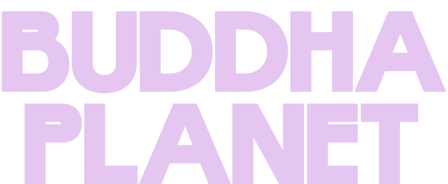 Text saying 'Buddha Planet' in large purple letters on a black background.