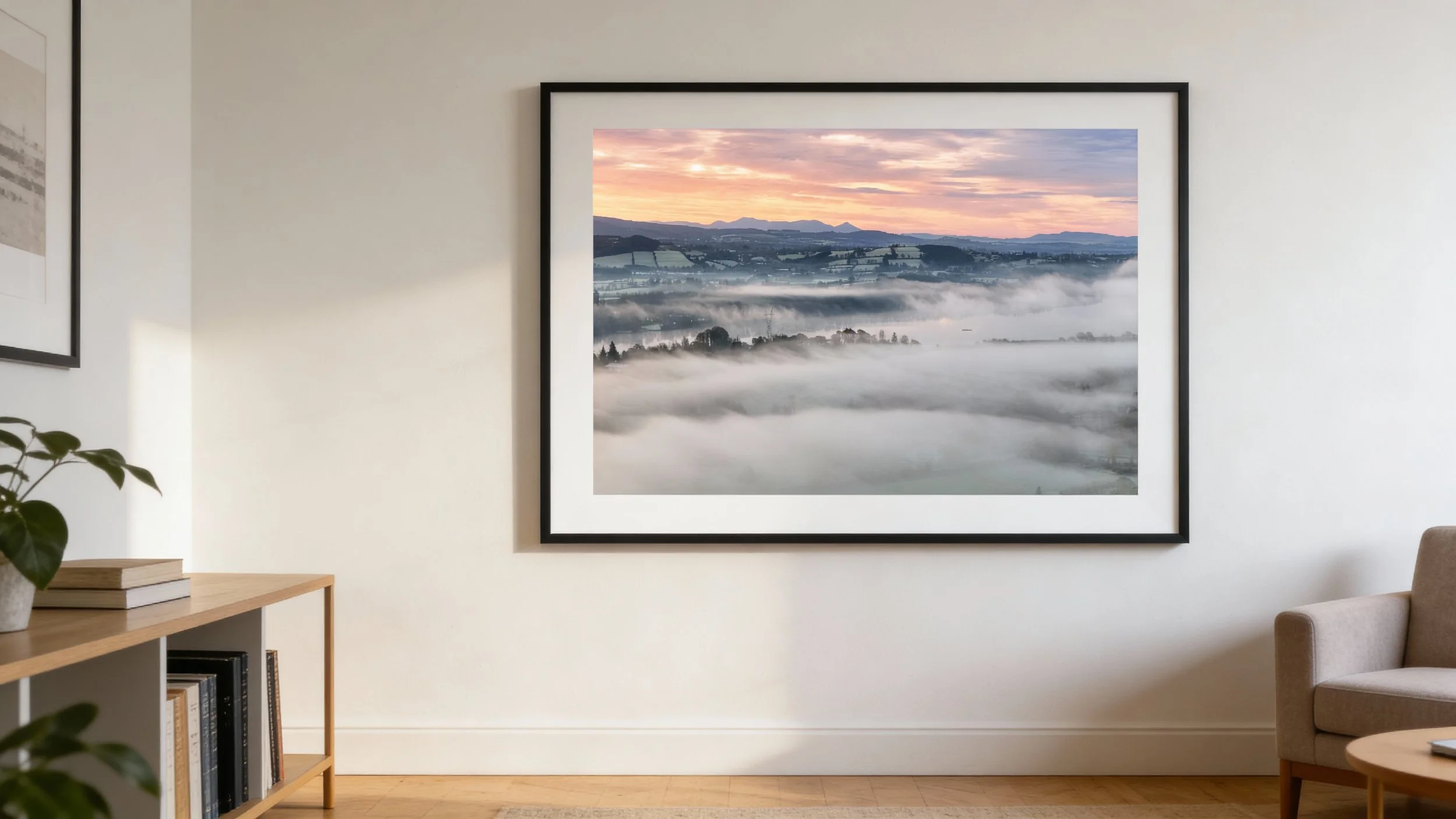 Framed landscape photograph of fog over hills and fields at sunrise or sunset hanging on a white wall in a living room.