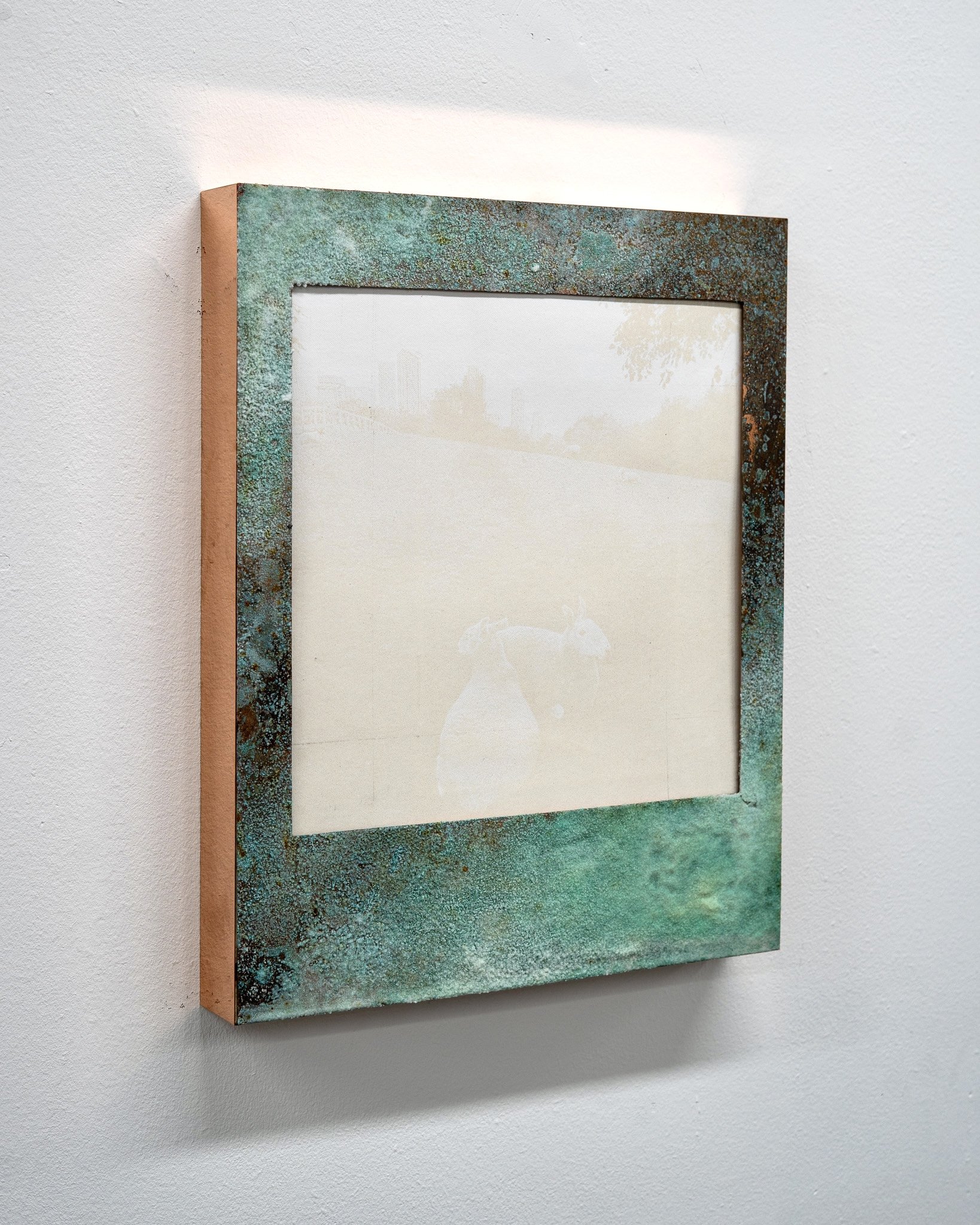 A Love That Changes You, 2025

Photographic screen print on paper using handmade soil pigment collected from King’s Cross, London (51.53°N, 0.12°W), handmade wood frame, salt, and oxidizing copper.
46.5 x 37.5 x 5.0 cm | 18.3 x 14.8 x 2 inches