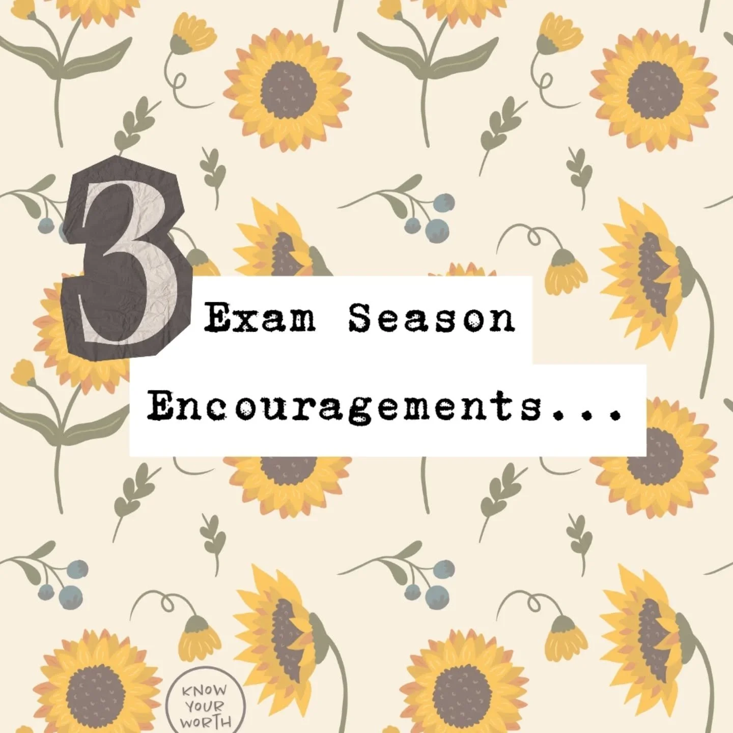 In the middle of exam stress, sometimes we just need to hear some helpful encouragements! 

1. You are capable
2. Growth requires challenge
3. YOUR GRADES DON'T DEFINE YOU 💜

If you'd like to remember these truths during your exam season or share th
