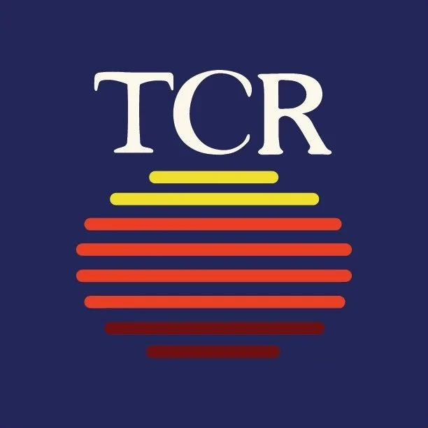 Logo with the letters 'TCR' above stylized horizontal lines in yellow, red, and dark red, all on a dark blue background.