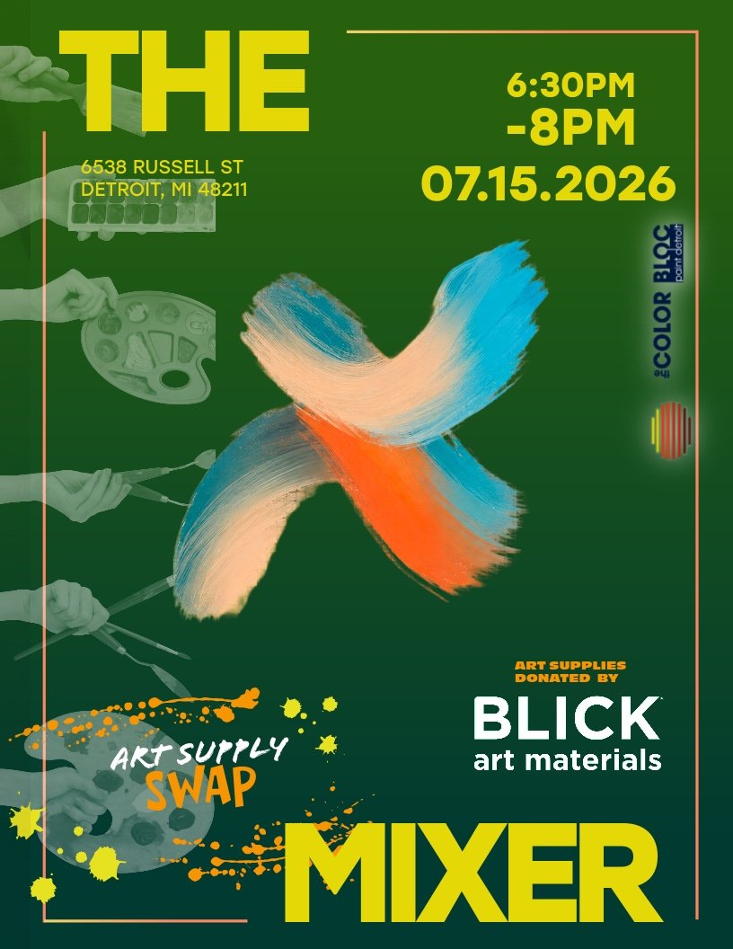 Event poster for an art supplies swap event on July 15, 2026, from 6:30 PM to 8 PM at 6538 Russell St, Detroit, MI. The poster features a green background with artistic paint strokes, hands holding brushes and palettes, and text indicating art supplies donations by Blick art materials.