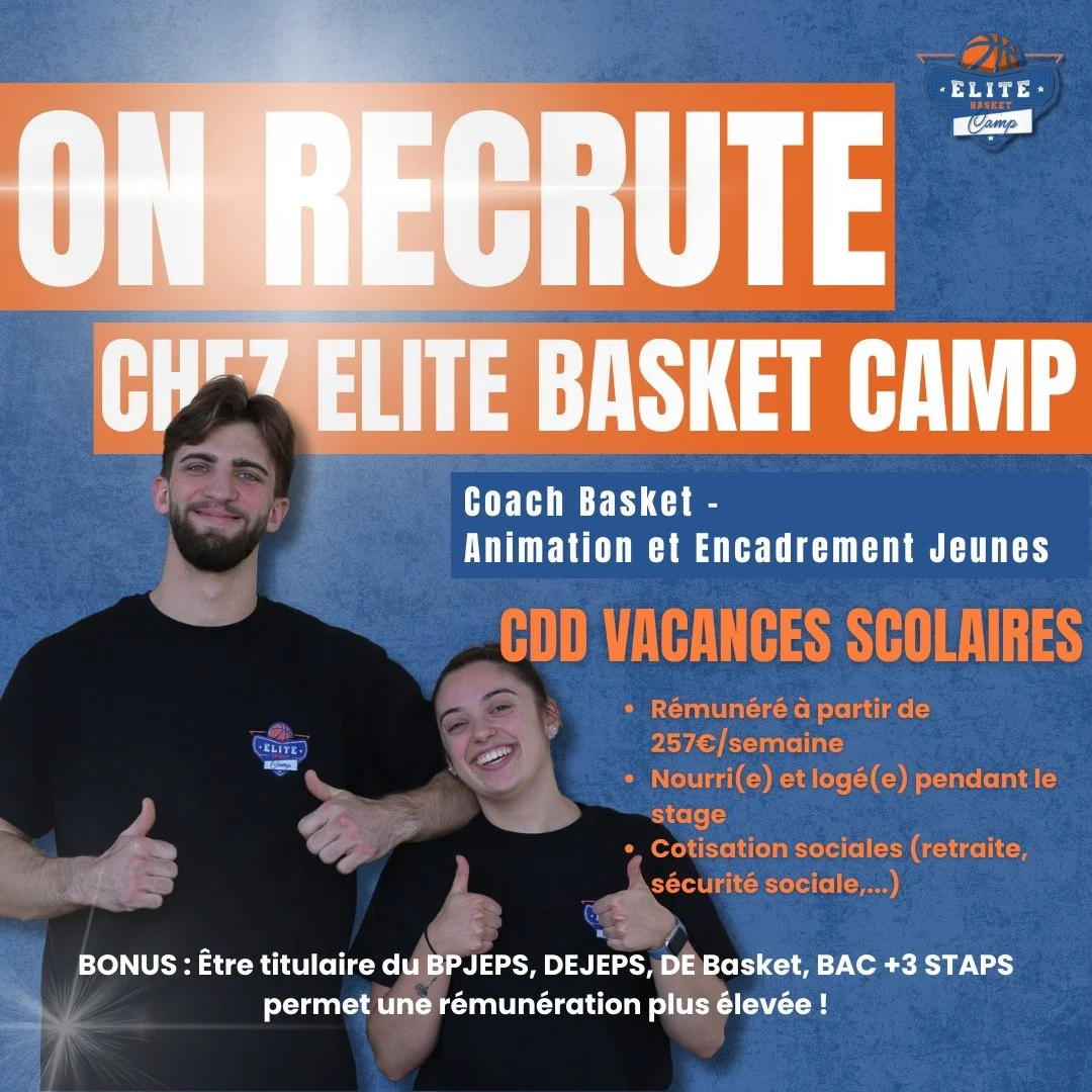 🚨 ON RECRUTE CHEZ ELITE BASKET CAMP ! 🚨

Tu as 16 ans ou plus, tu es motiv&eacute;(e), passionn&eacute;(e) par le basket et tu as envie de vivre une exp&eacute;rience unique pendant les vacances scolaires ?

👉 Rejoins-nous comme Coach Basket &ndas