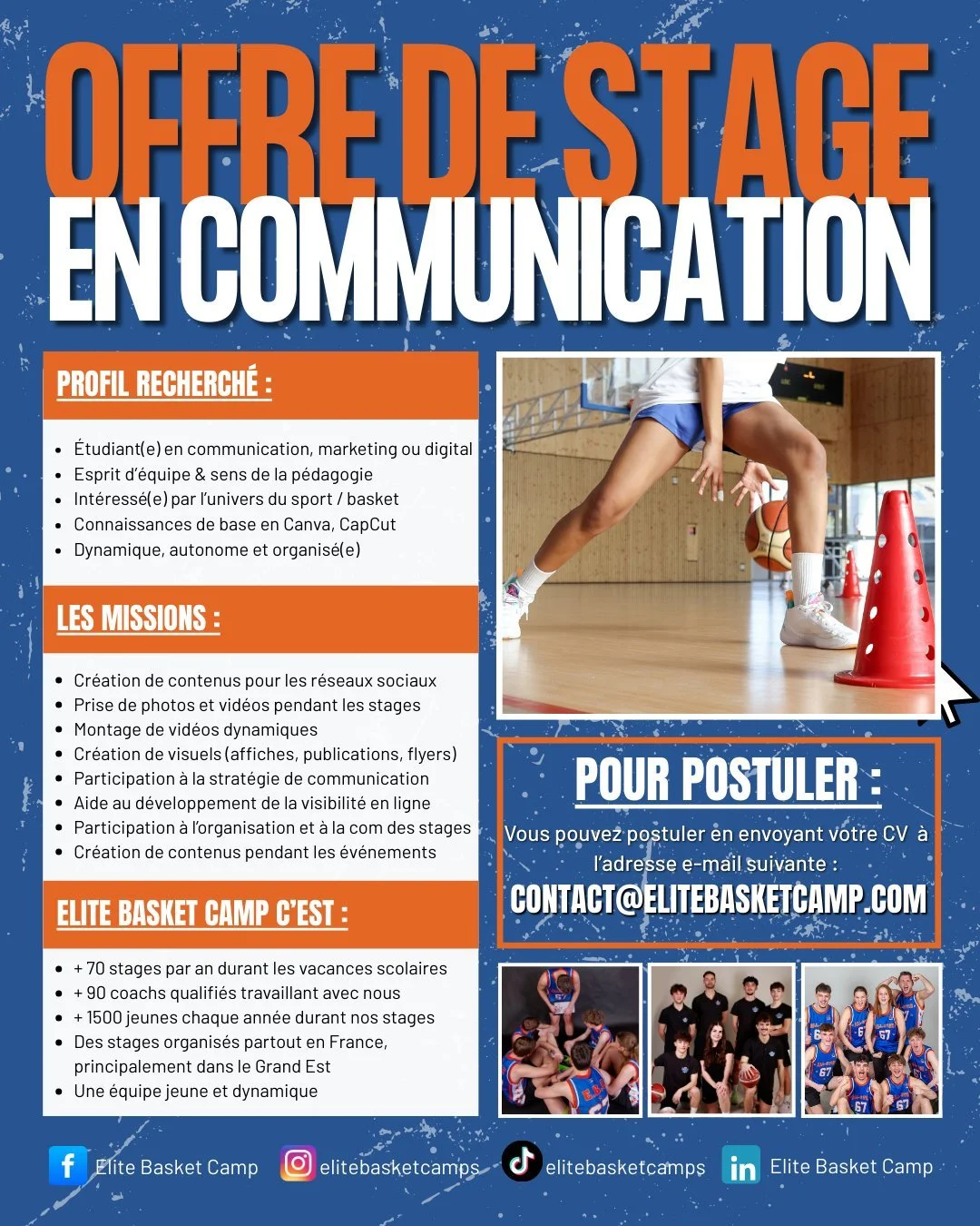 🏀 &Eacute;lite Basket Camp recrute !

Tu es &eacute;tudiant(e) en communication / marketing / digital et tu cherches un stage o&ugrave; tu peux cr&eacute;er du contenu, g&eacute;rer des r&eacute;seaux sociaux et &ecirc;tre au c&oelig;ur d&rsquo;un p