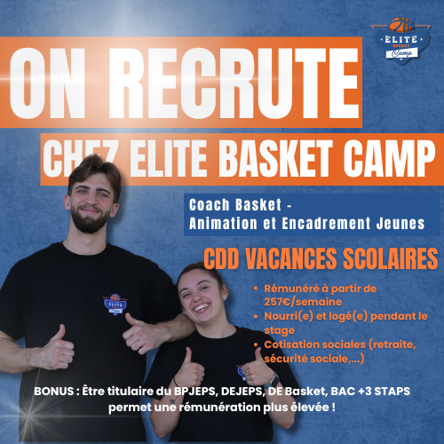 Nous recrutons des coachs passionnés pour encadrer nos prochains stages Elite Basket Camp. Rejoignez l’aventure et transmettez votre passion du basket.