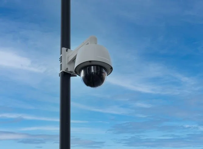 Panoramic outdoor camera on a pole is recording