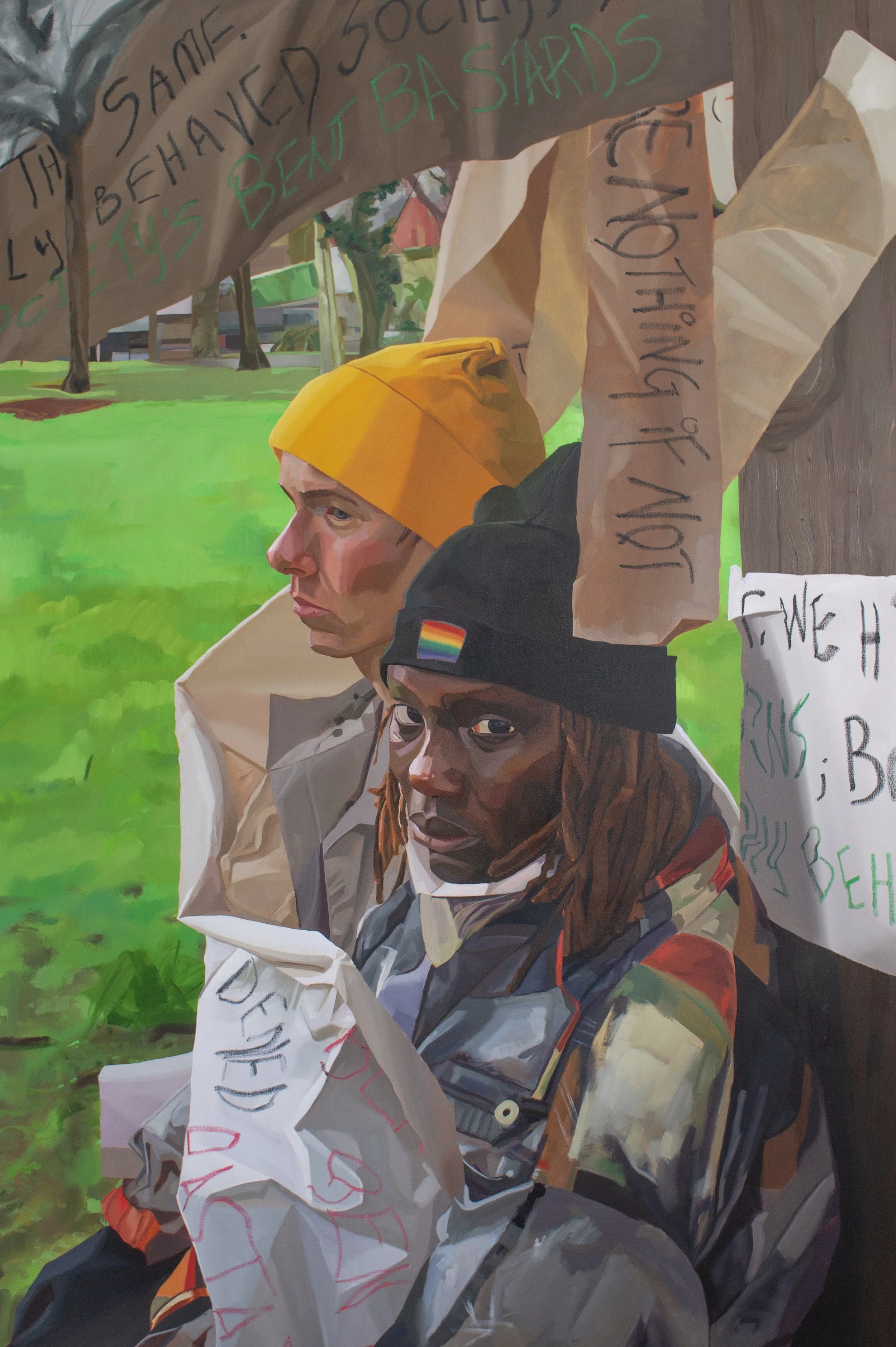'Bent Bastards', Oil on Canvas with Text Installation, 180x120cm, 2025