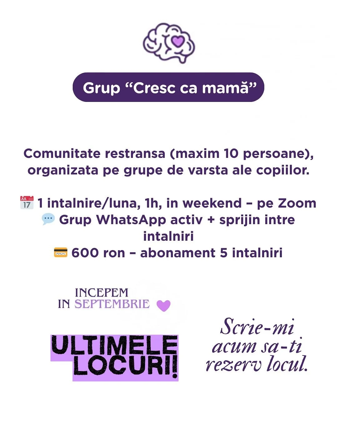 1.Care este frecventa intalnirilor?
Ne intalnim o data pe luna, timp de o ora, intr-o zi de weekend, pe Zoom.

2.Unde ne intalnim?
Intalnirile sunt online, pe Zoom, asa ca poti participa comod de acasa sau de oriunde te simti bine.

3.Ce fac daca nu 