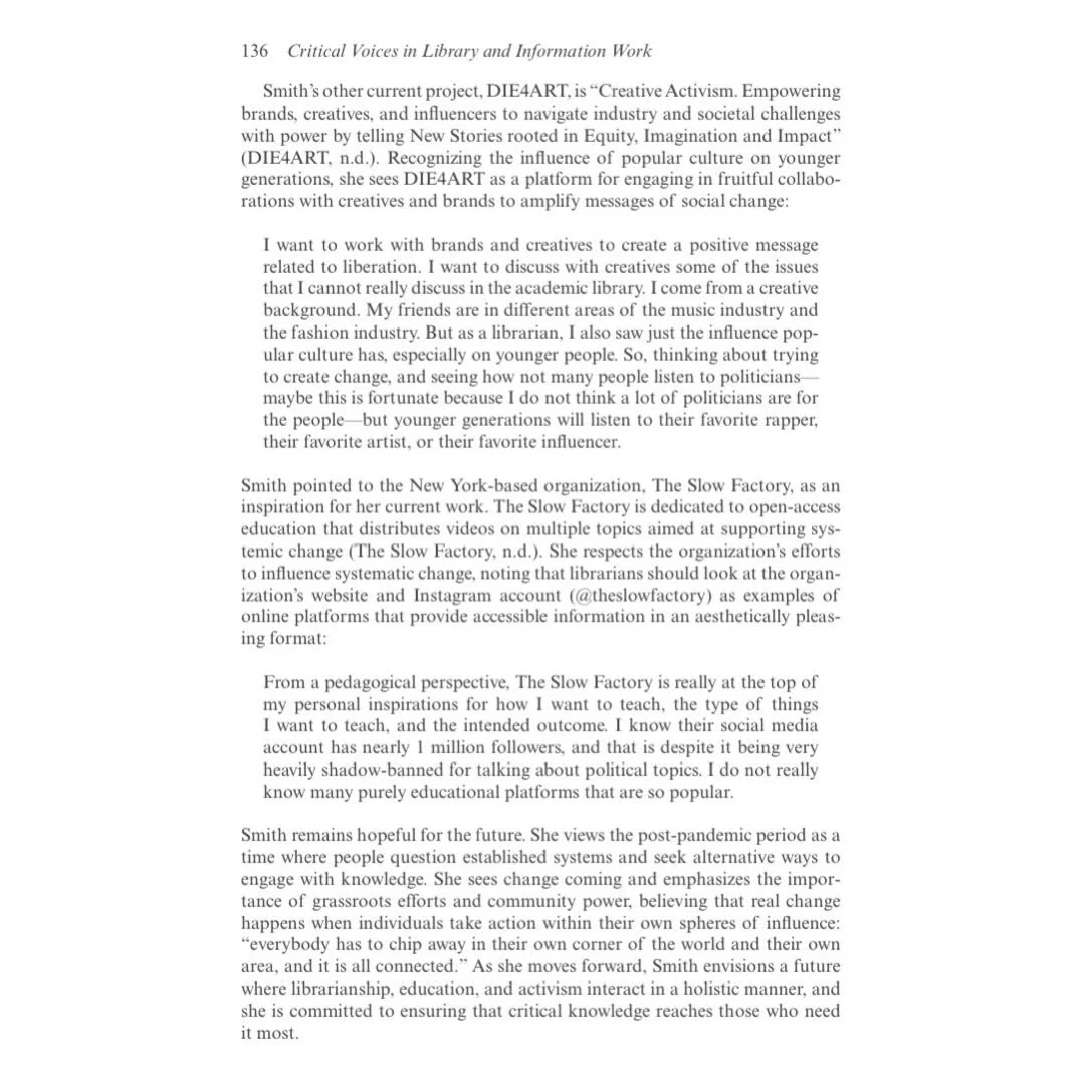 I&rsquo;ve been published in a book about librarians involved in community activism ( for those who are new here &amp; was an academic librarian in charge of fashion and global black studies until I quit my job to develop @die4artbynaomi )

I ALWAYS 