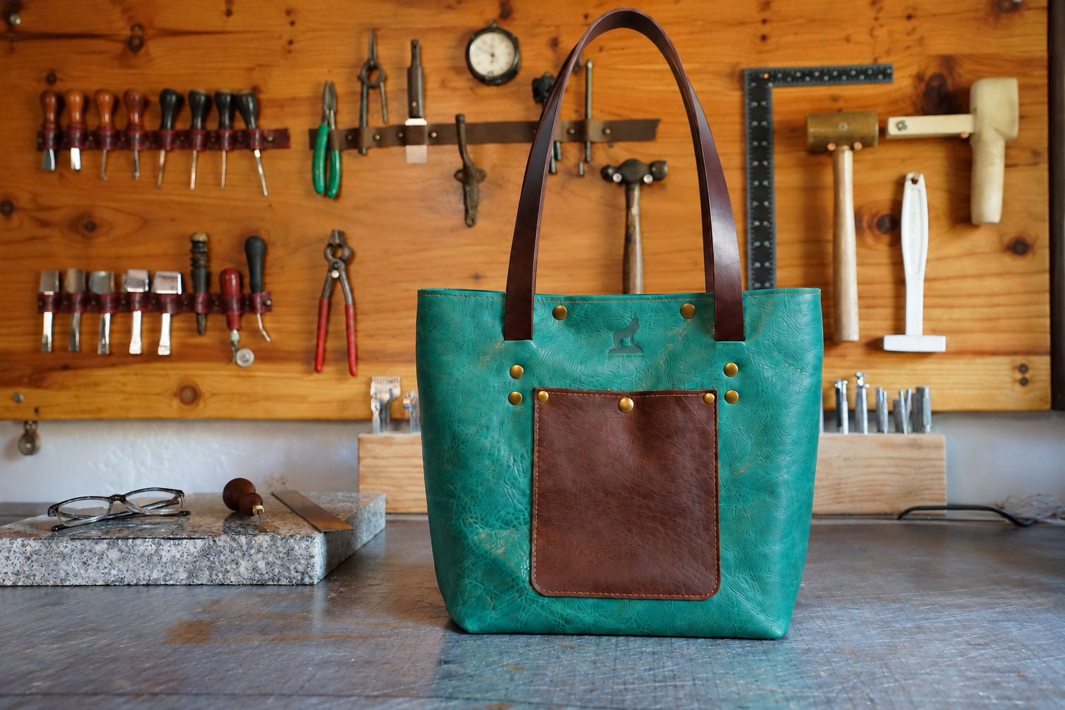 Larger Teal Tote on Workbench.png